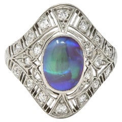 Filigraner Art Deco-Esstellerring, Jelly Opal Cabochon Diamant Platin Lotus Vintage