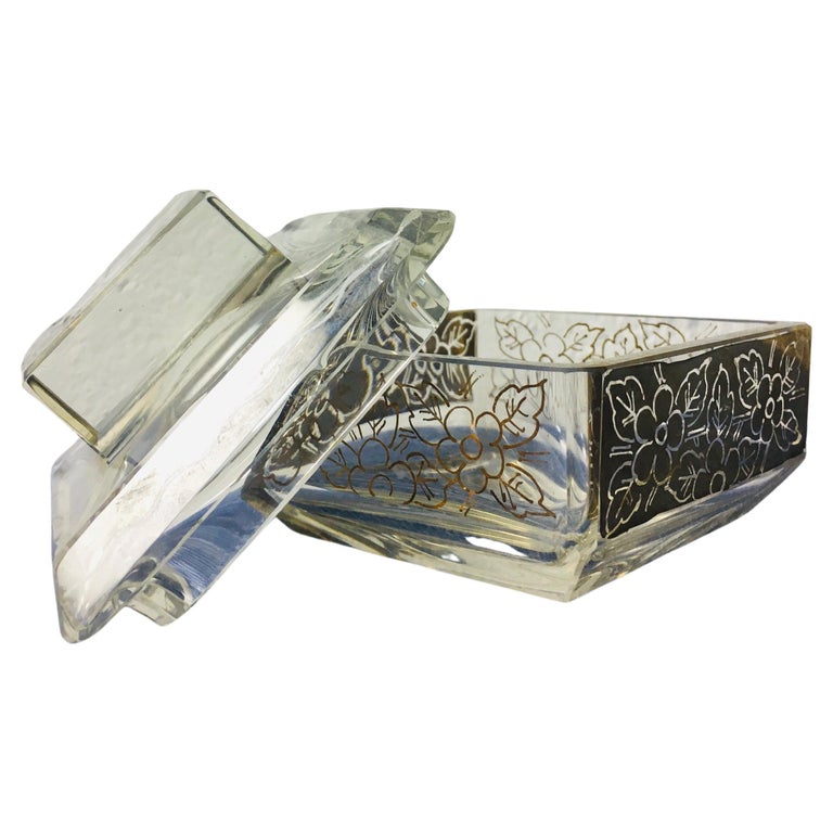 Art Deco Glass Jewelry Box with Floral Decor For Sale at 1stDibs