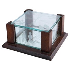 Art Deco jewelry box in facet cut glass and oak, France 1930s