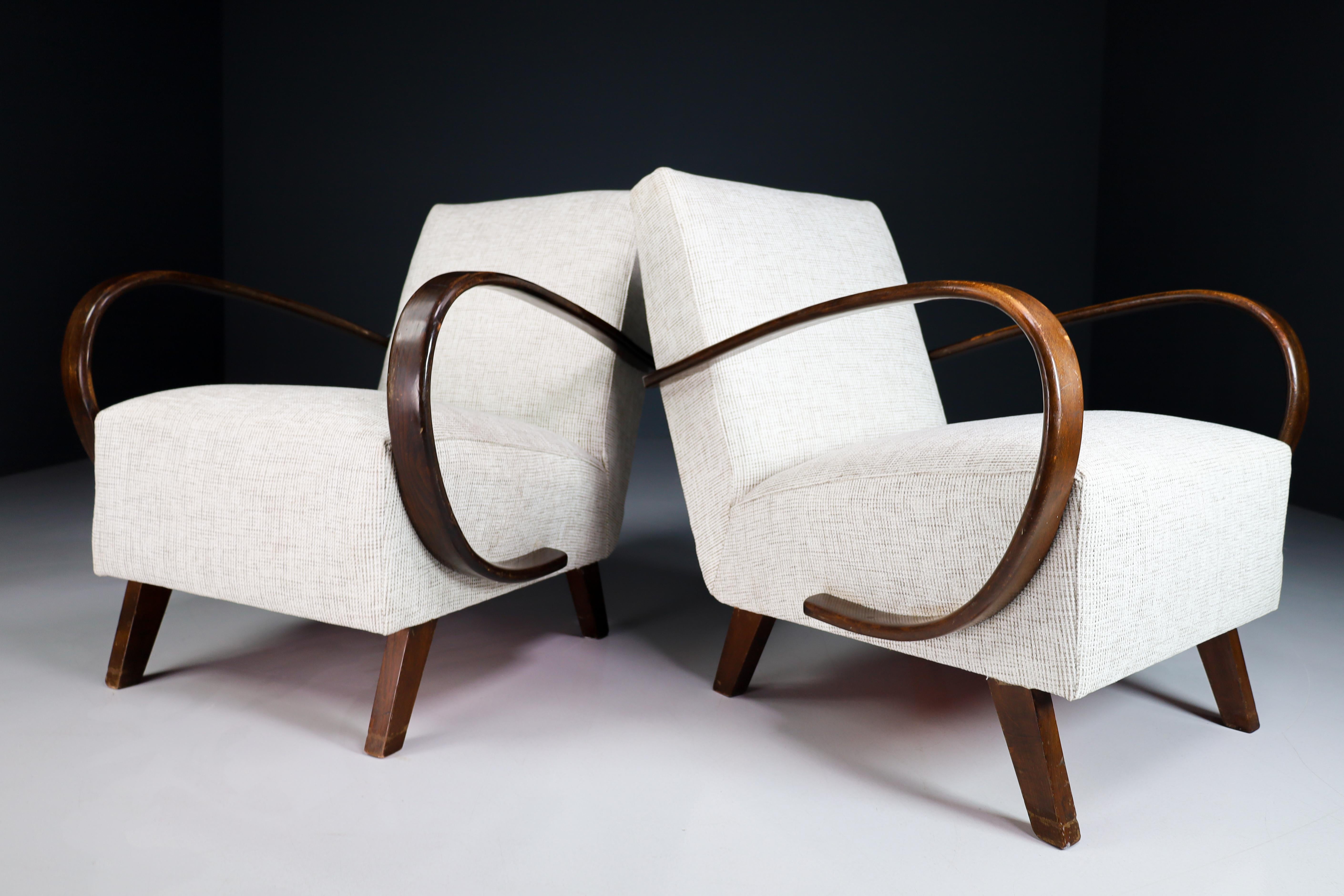 Fabric Art Deco Jindrich Halabala Re-Upholstered Bentwood Armchairs, Praque, 1940s