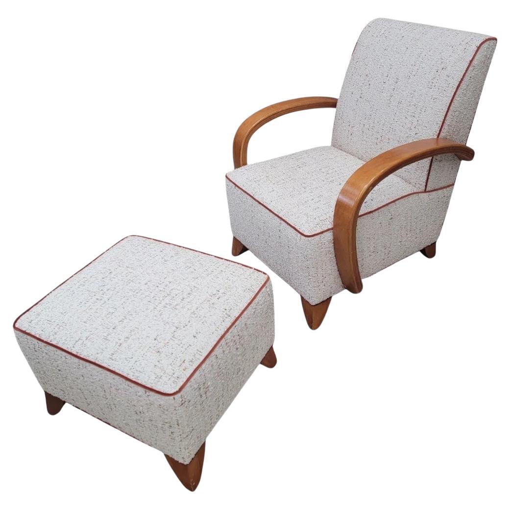 Art Deco Jindrich Halabala Style Lounge Chair & Ottoman Newly Upholstered