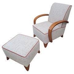 Art Deco Jindrich Halabala Style Lounge Chair & Ottoman Newly Upholstered