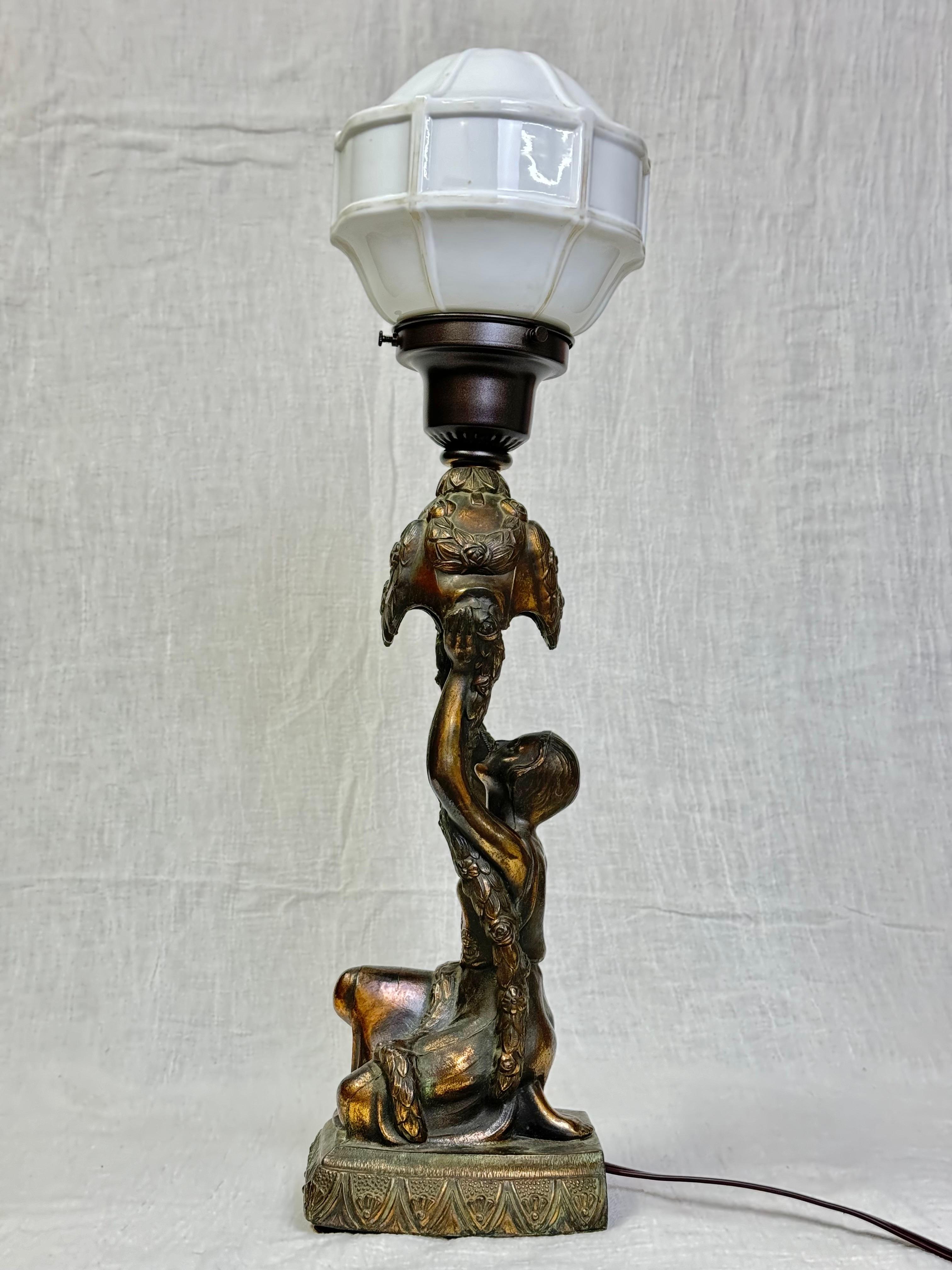 Milk Glass Art Deco Joan Of Arc Table Lamp by La Belle For Sale