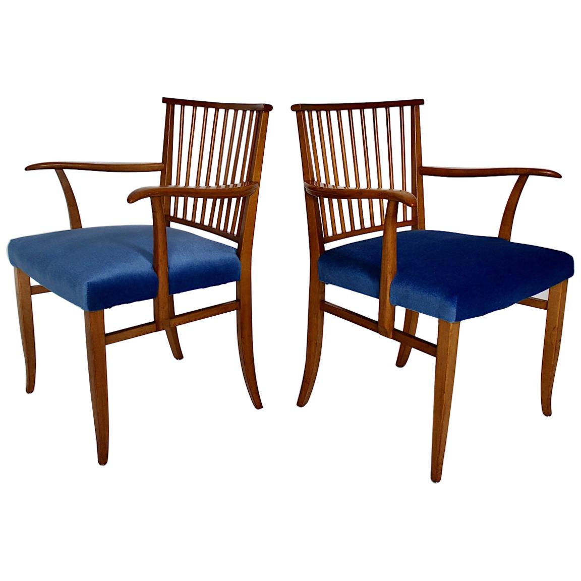 Art Deco Cherrywood Blue Fabric Armchairs Josef Frank c 1927 Vienna