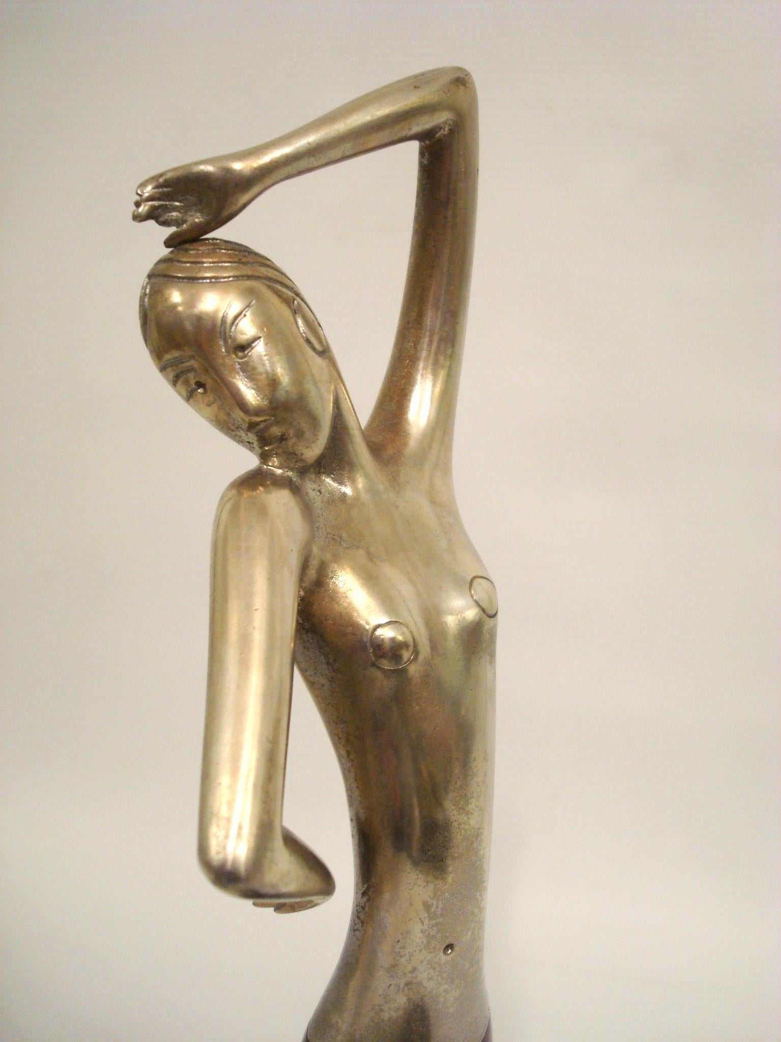 Plated Art Deco Josephine Baker Female Dancer Brass Statue, Austria 1930 Karl Hagenauer For Sale