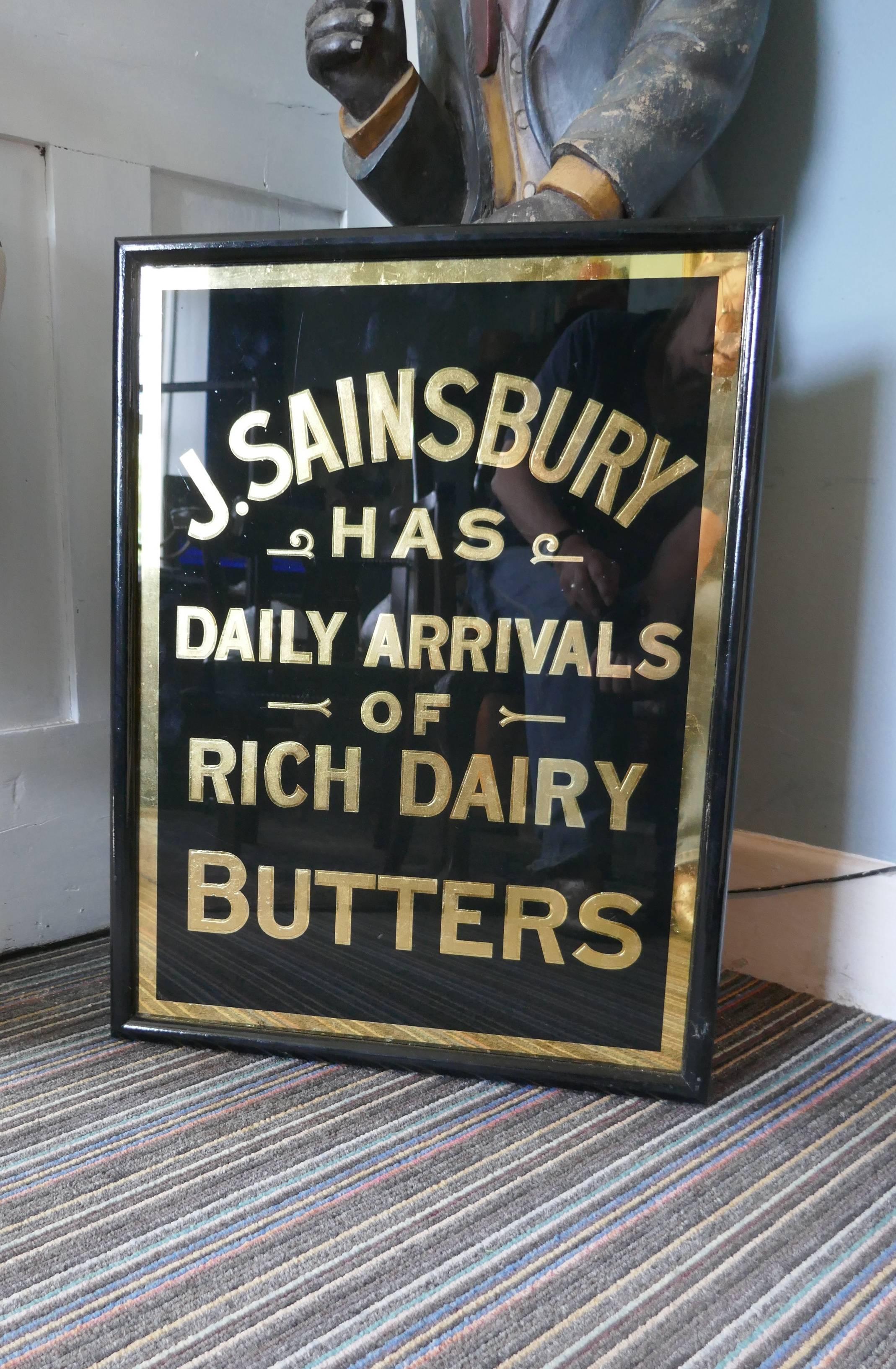 Art Deco J.S.Sainsbury’s Butter Advertising Mirror Sign, in Black and Gold In Good Condition In Chillerton, Isle of Wight