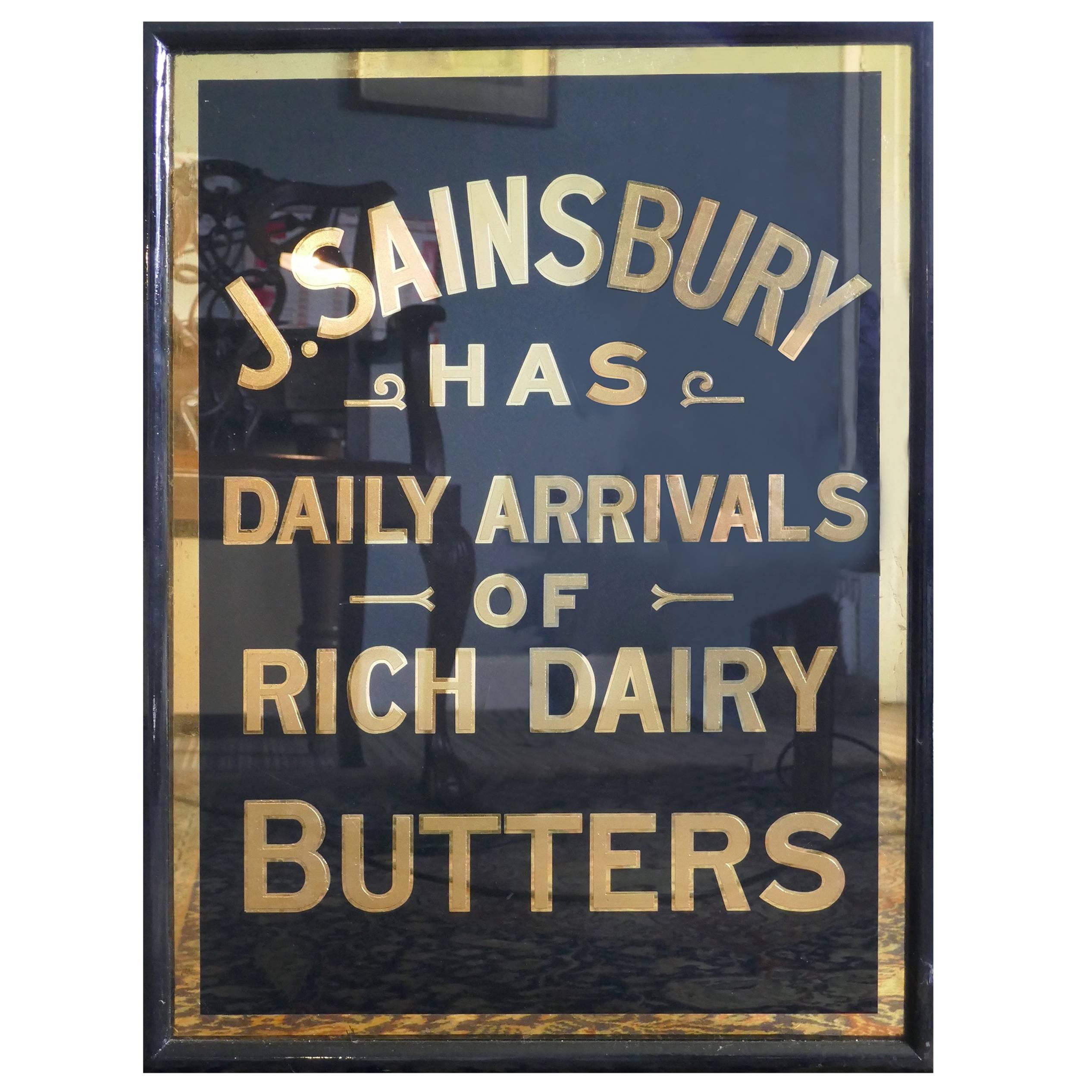 Art Deco J.S.Sainsbury’s Butter Advertising Mirror Sign, in Black and Gold