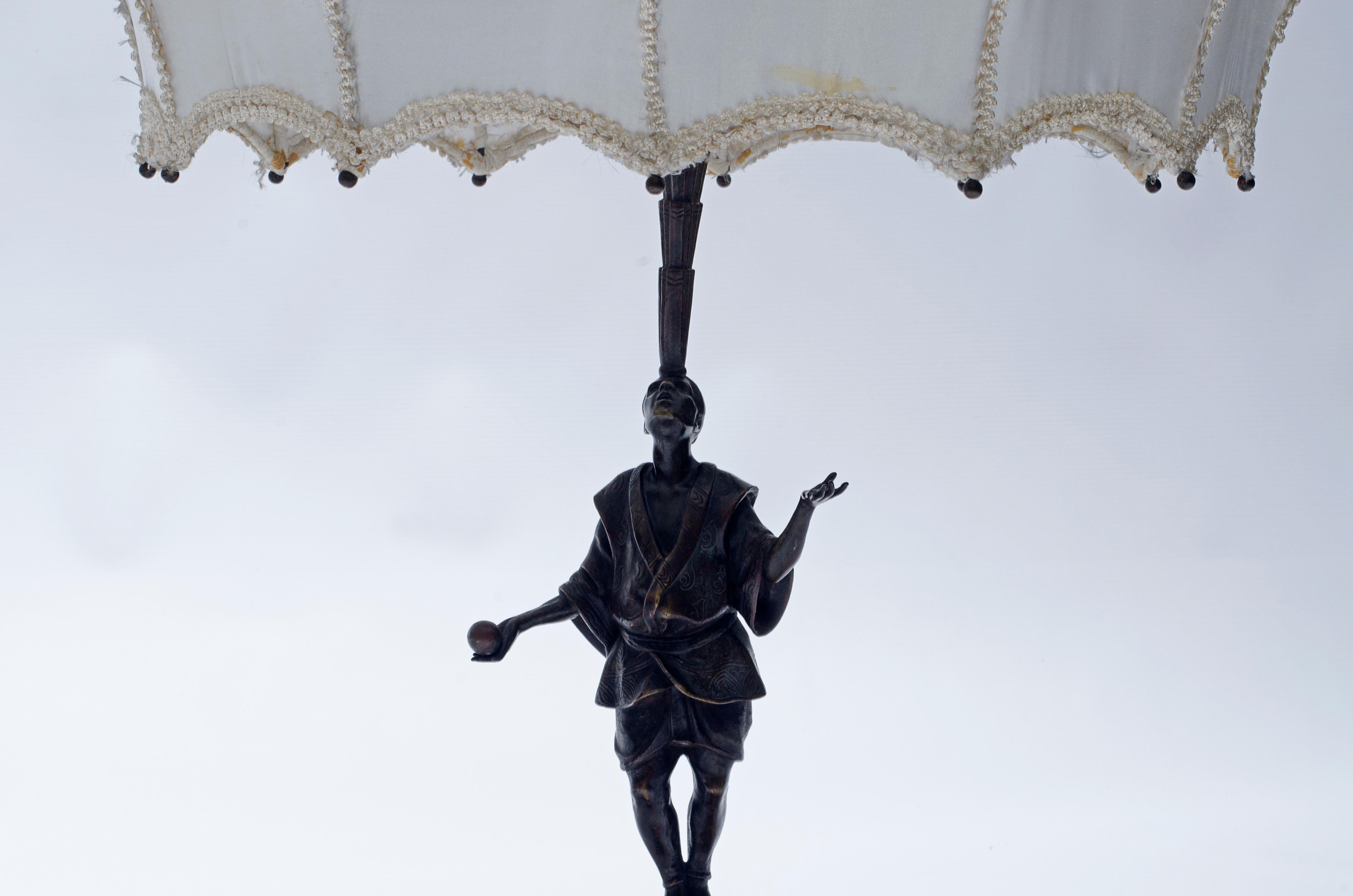 Bronze with a dark patina by Roland Paris (1894-1945). A juggler standing on a ball, wearing an ornamental kimono and a bow tie. A silk canopy-like lampshade in the shape of a circus tent and electrified with three lights.

Austria, CIRCA 1925.