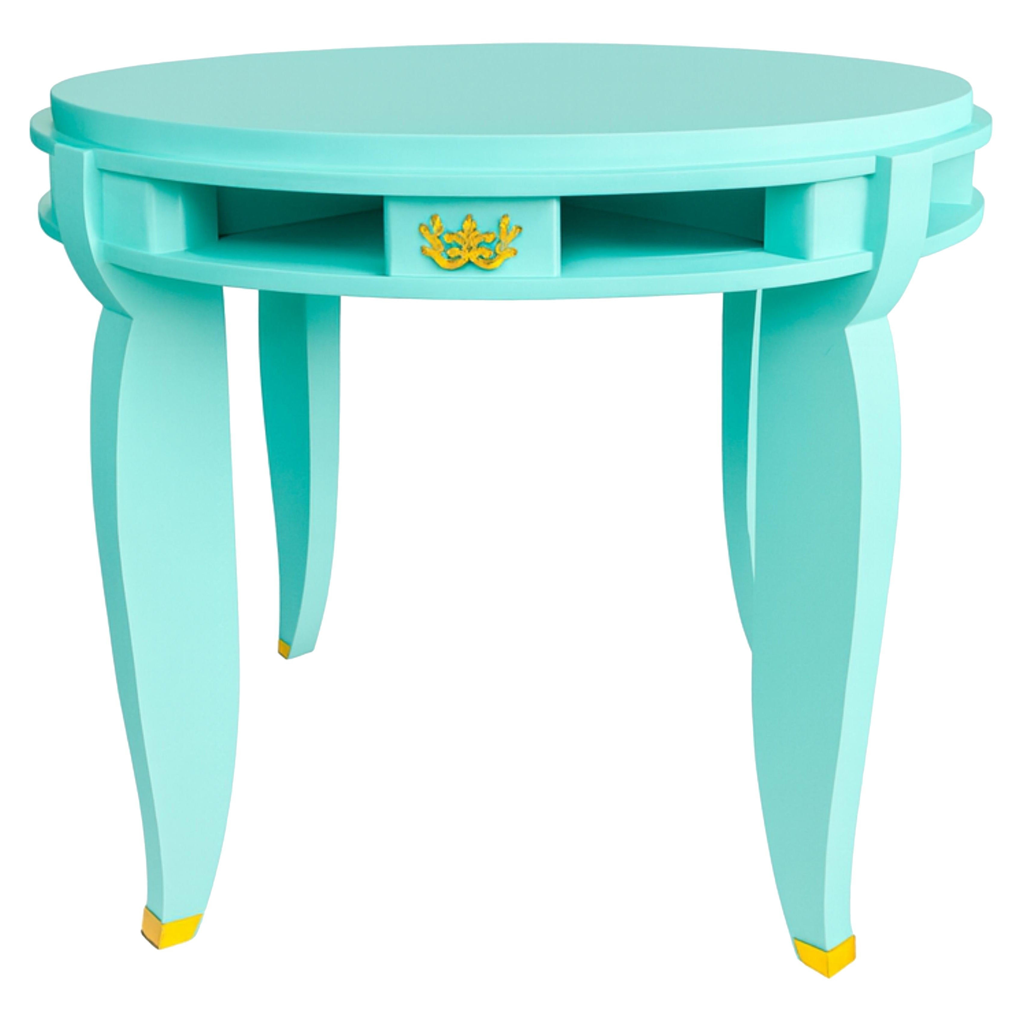 Art déco Jules Leleu Table ronde à quincaillerie dorée Blue Egg