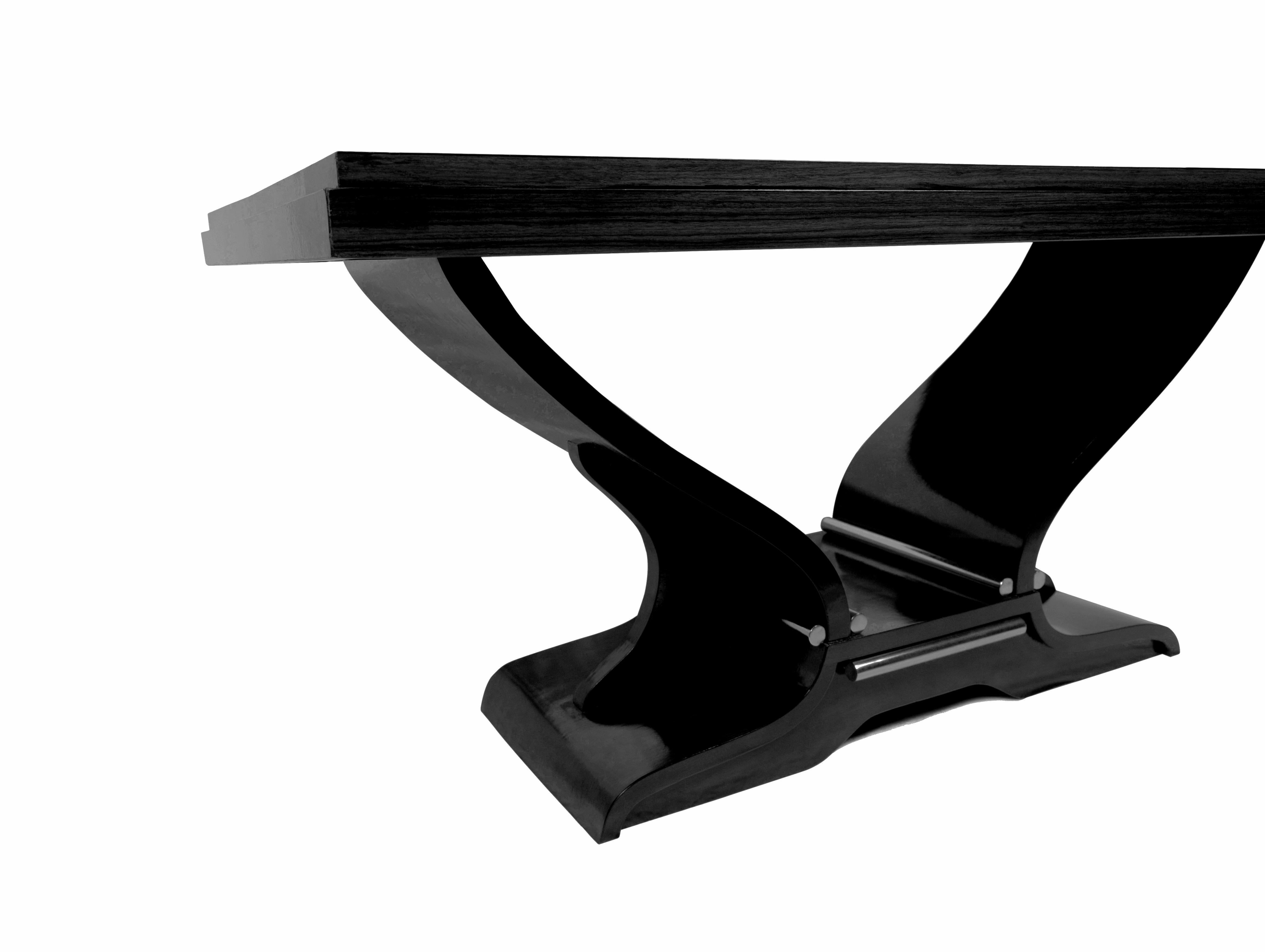 Metal Art Deco Jules Leleu Style Black Lacquer Dining Table, 1930s (20th Century) For Sale