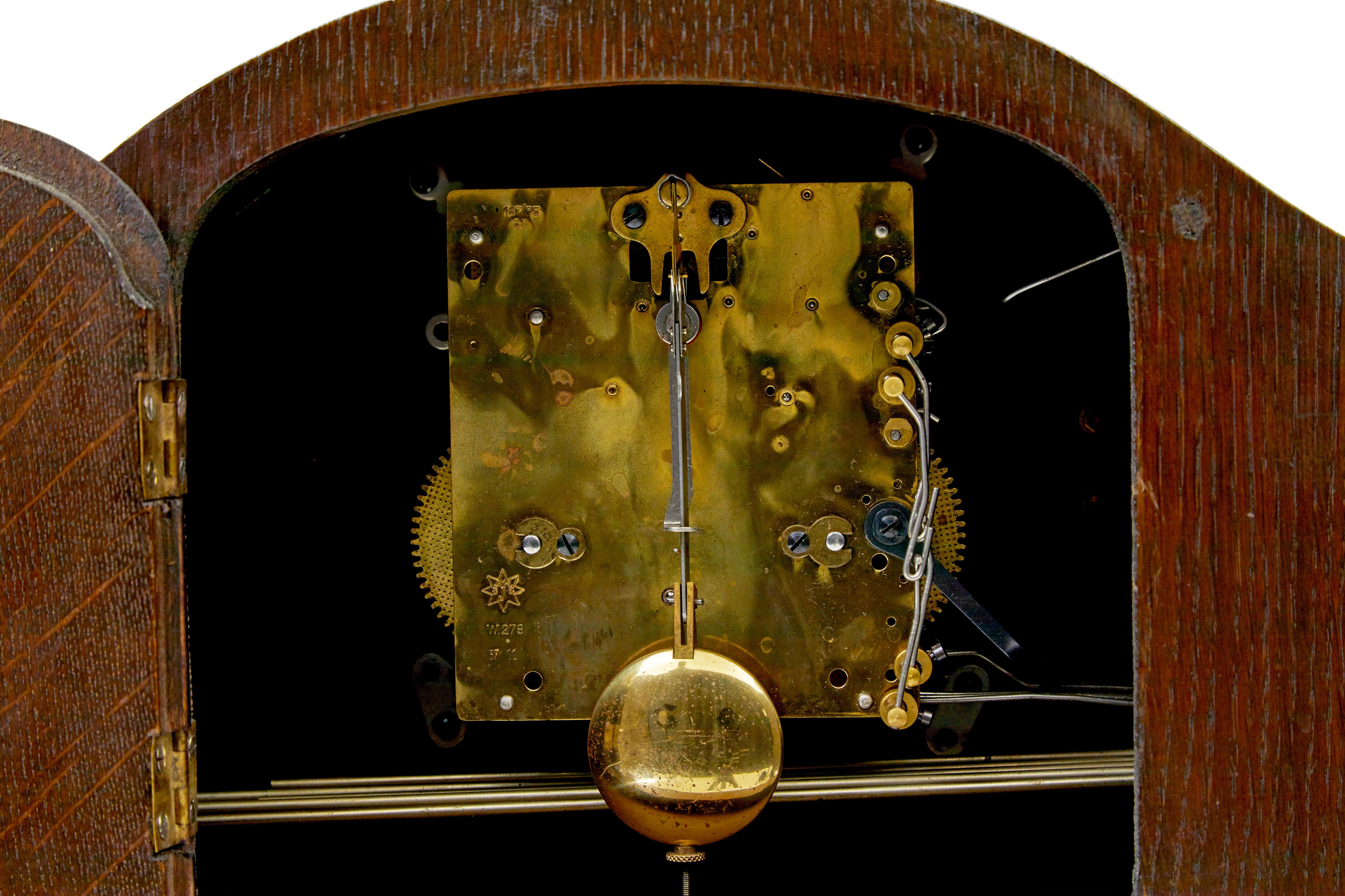 Brass Art deco Junghans walnut and oak mantel clock