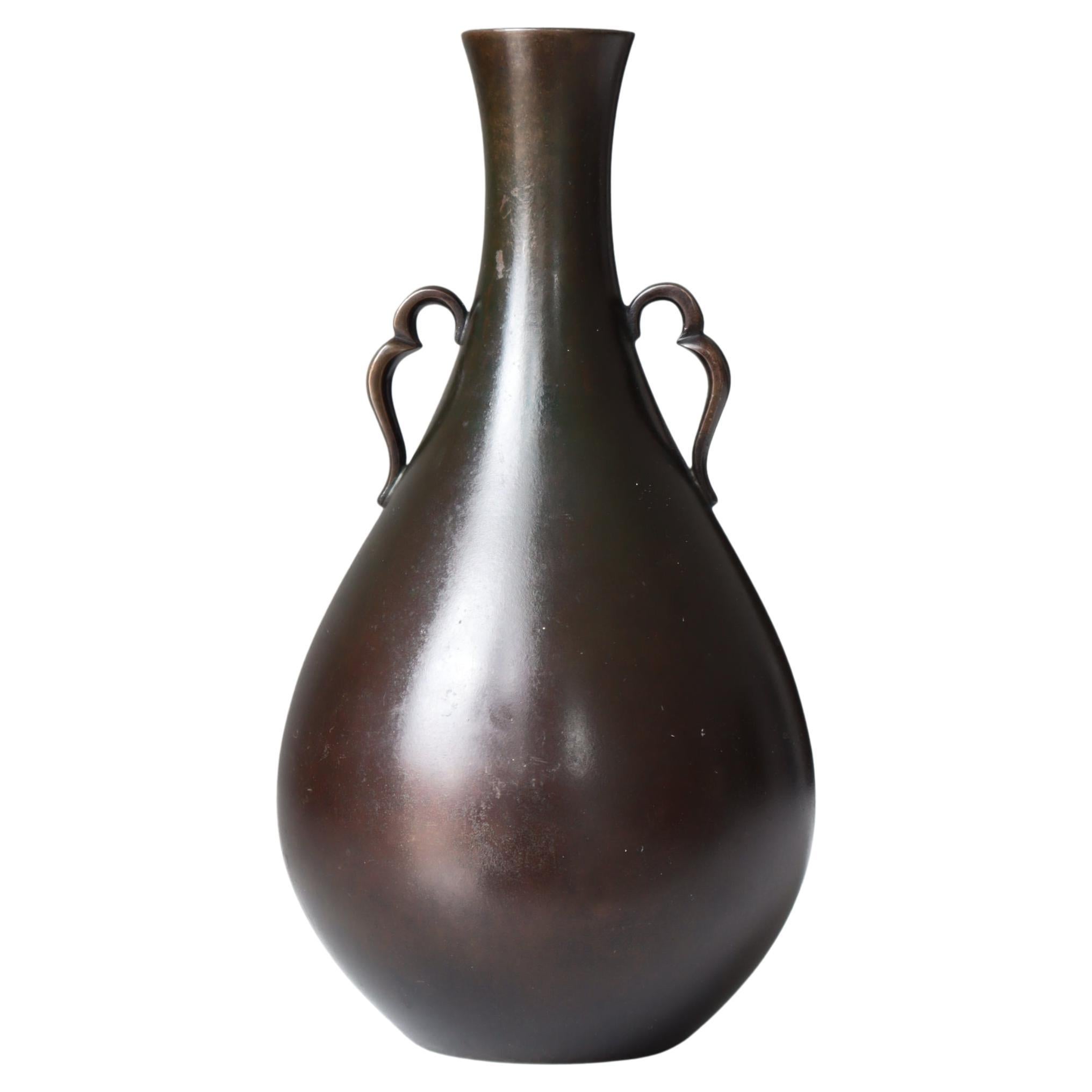 Art Deco Just Andersen Patinated Bronze Vase Stylized Handles, Denmark, 1930s