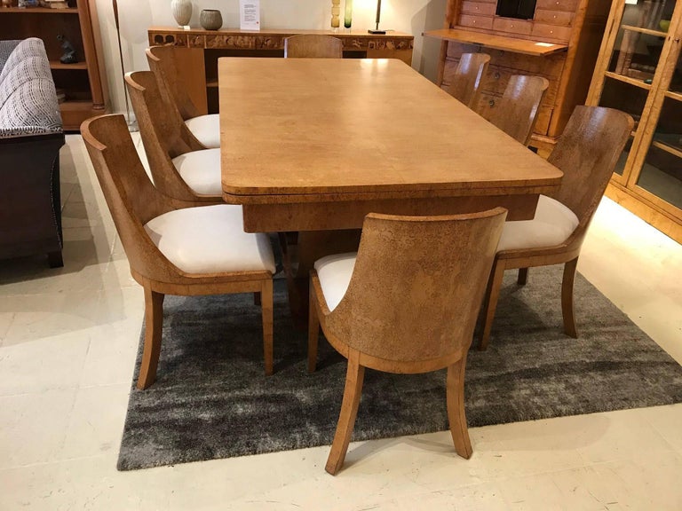 Art Deco Karelian Birch Dining Table and Eight Matching Chairs at 1stDibs
