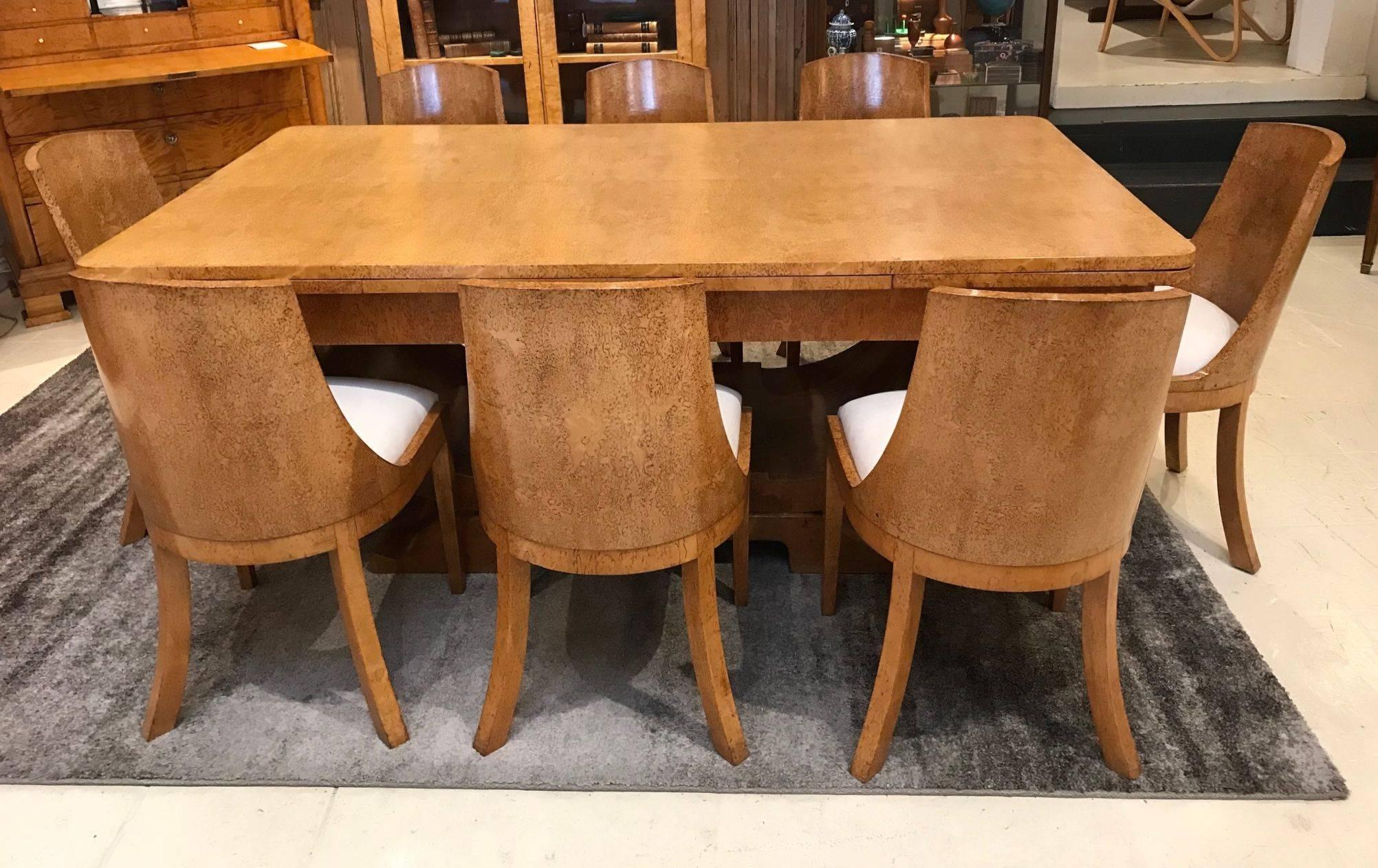 French Art Deco Karelian Birch Dining Table and Eight Matching Chairs