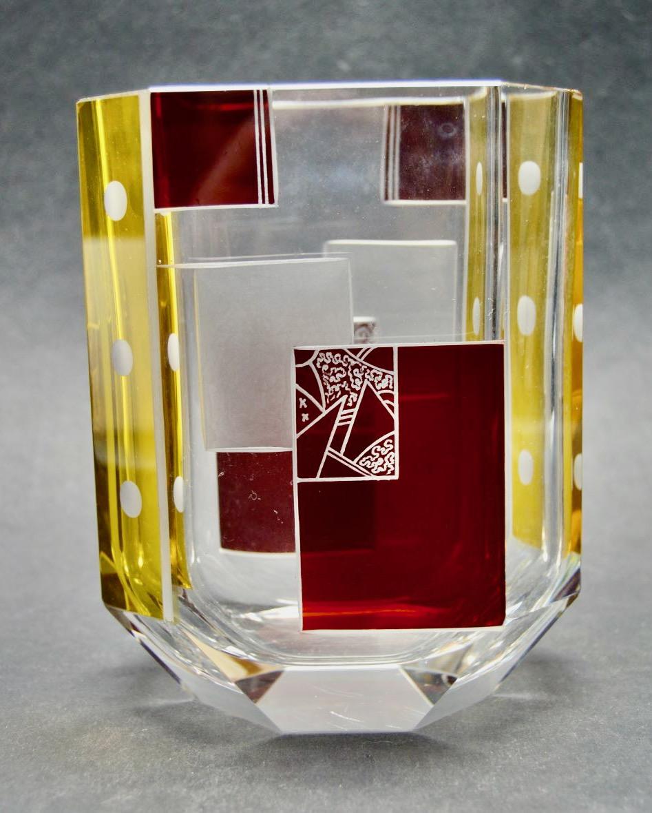 1940s Art Deco vase in the style of Karl Palda Czech glass, Unusual shape with heavy! enamel and etched glass vase in burgundy and yellow. A strong modernist treatment. The unusual shape-inspired faceted sides give an overall effect that is equally