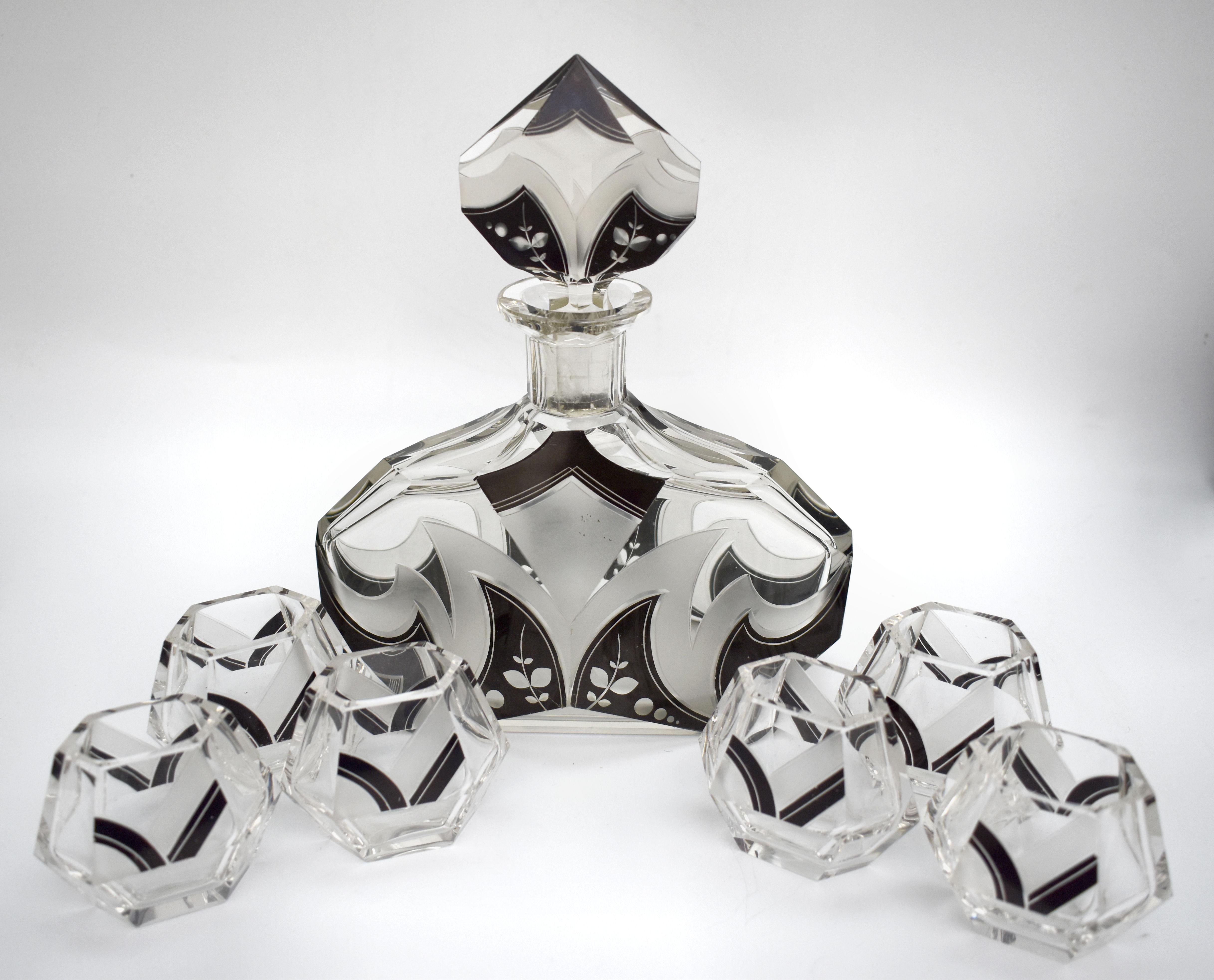 Art Deco Karl Palda Glass Decanter Set with 6 Matching Glasses, C1930 For Sale 3