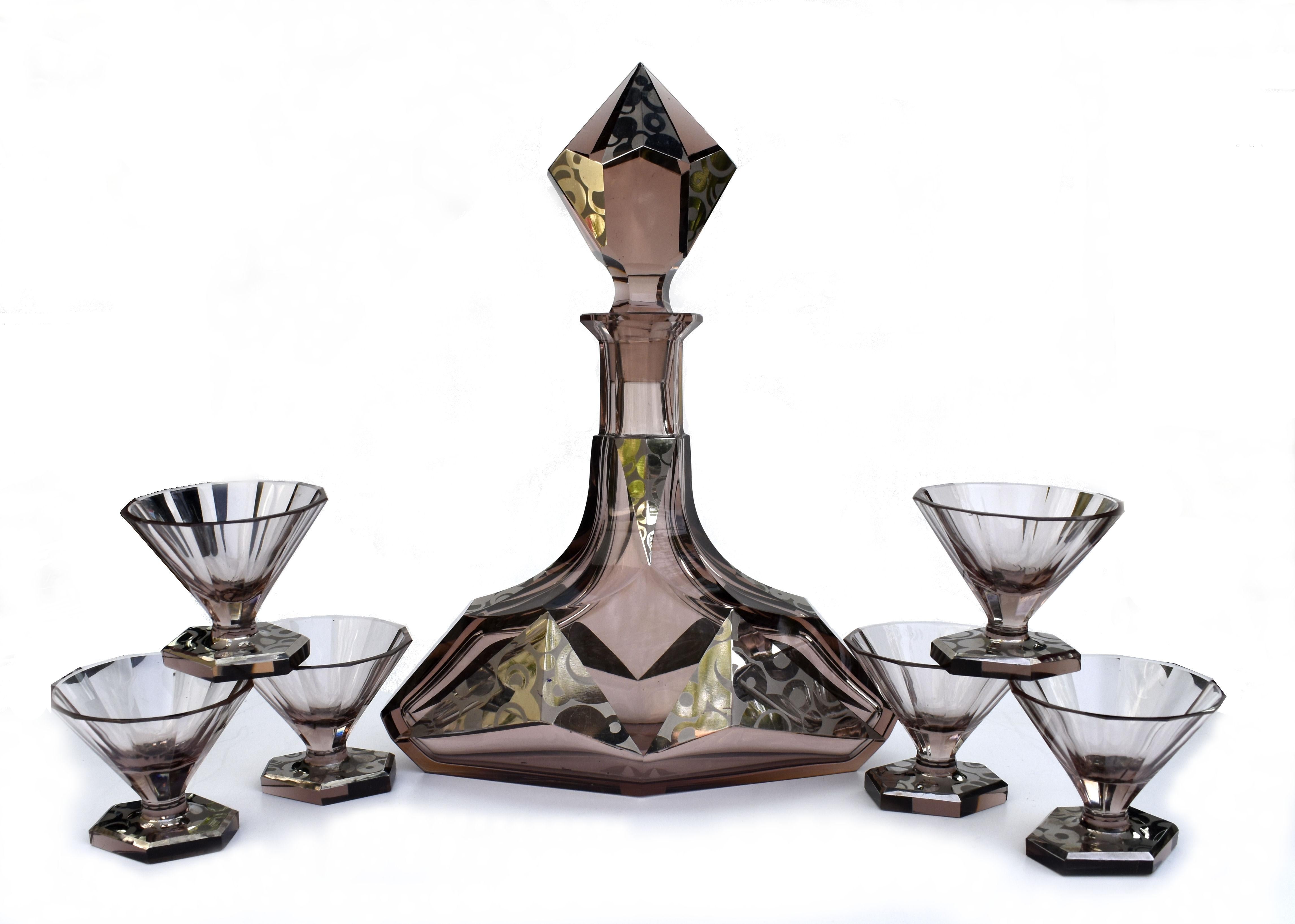 Art Deco Karl Palda Glass Decanter Set with 6 Matching Glasses, C1930 4
