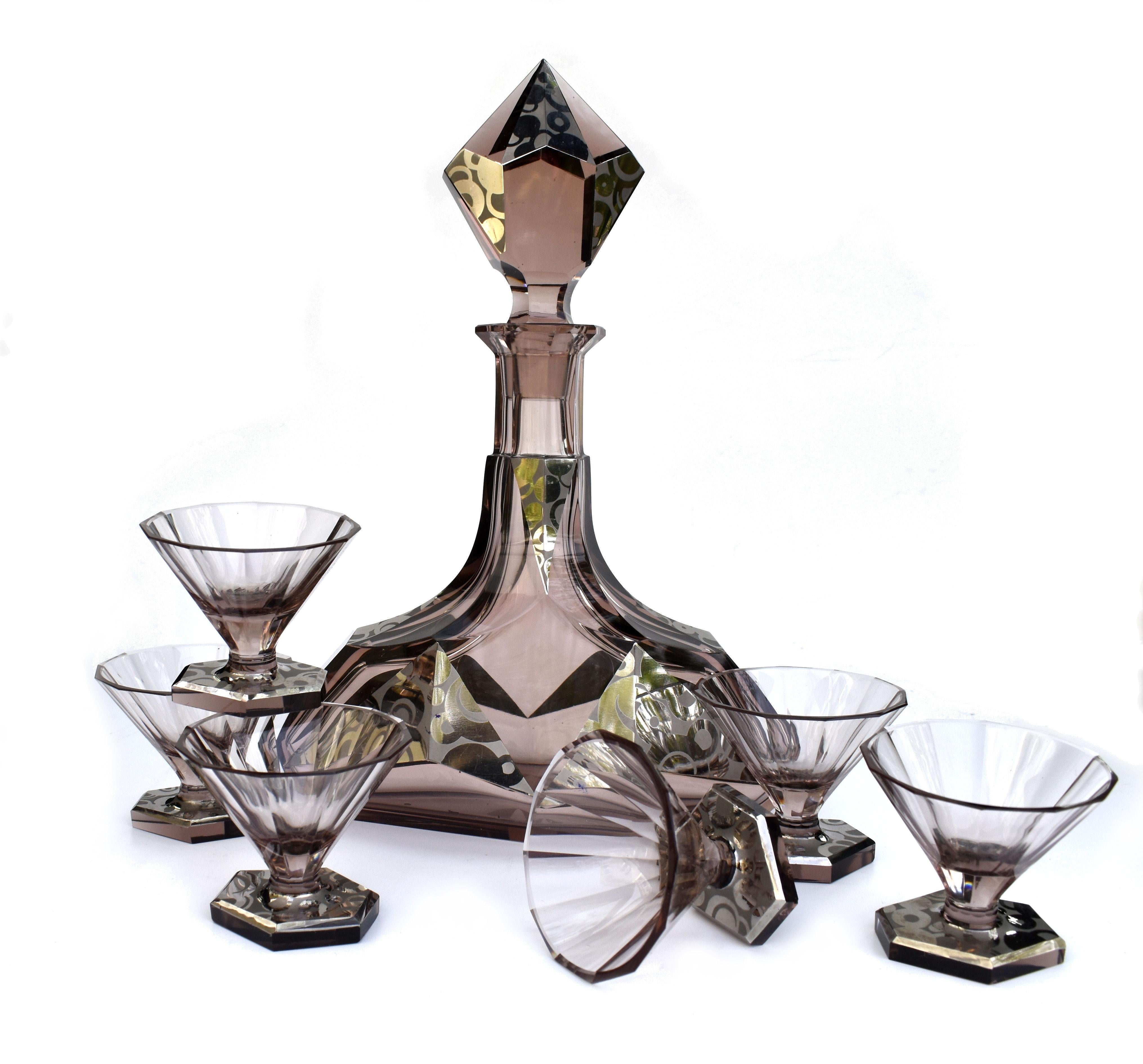 Art Deco Karl Palda Glass Decanter Set with 6 Matching Glasses, C1930 For Sale 5