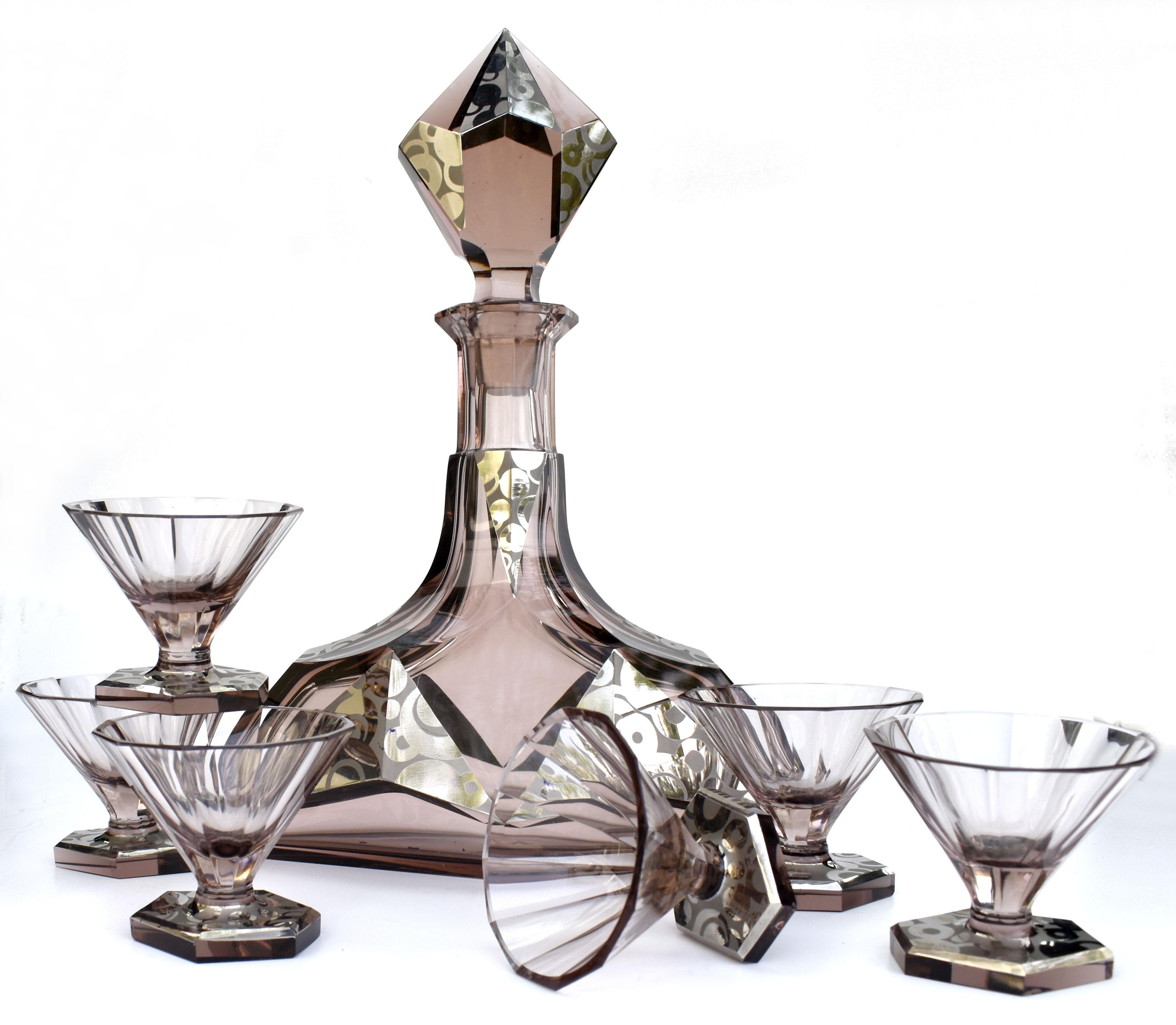 Art Deco Karl Palda Glass Decanter Set with 6 Matching Glasses, C1930 6