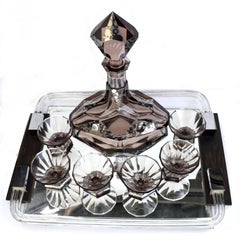Art Deco Karl Palda Glass Decanter Set with 6 Matching Glasses, C1930