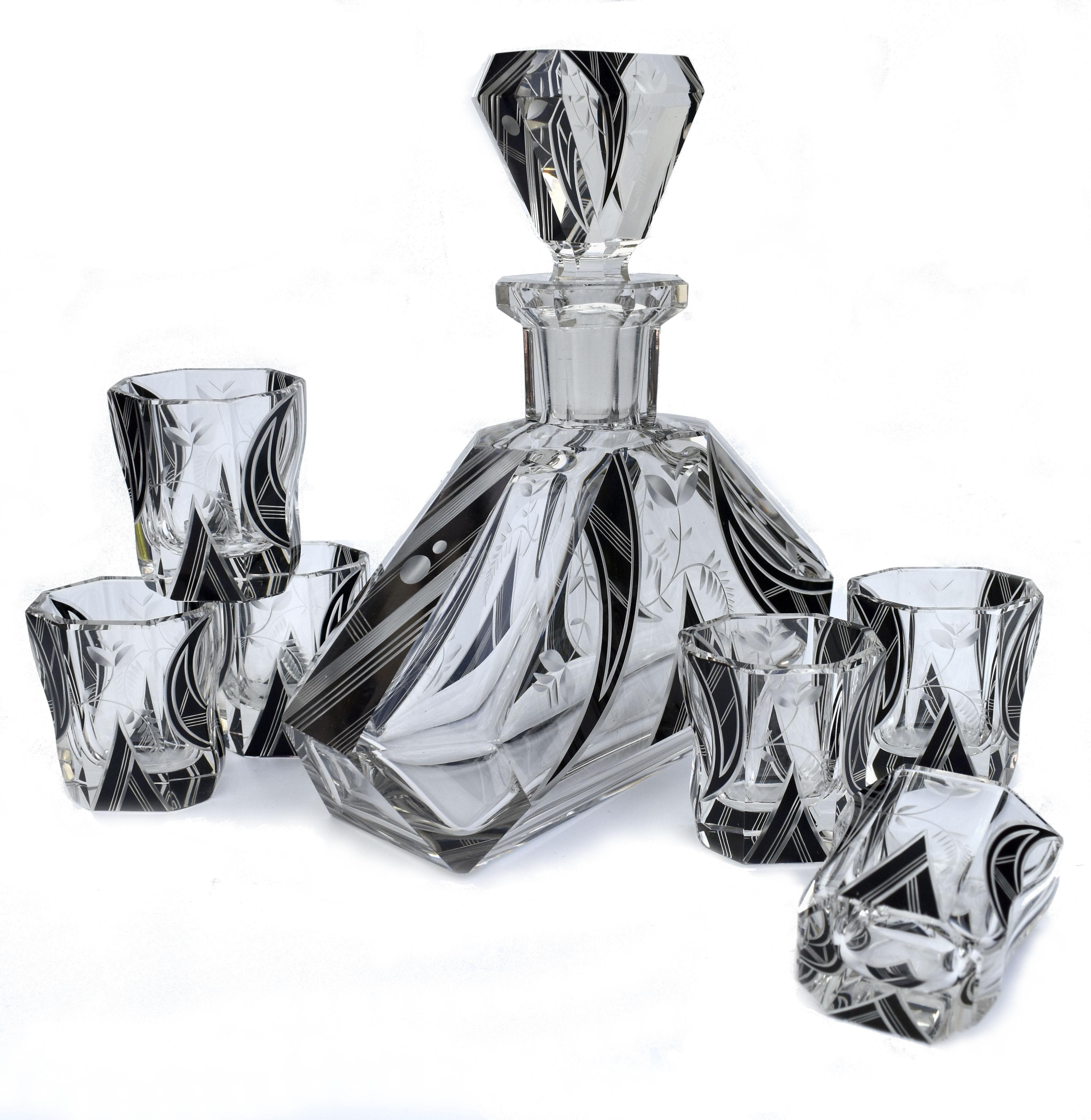 Enameled Art Deco Karl Palda Glass Decanter Set with 6 Matching Glasses, circa 1930 For Sale