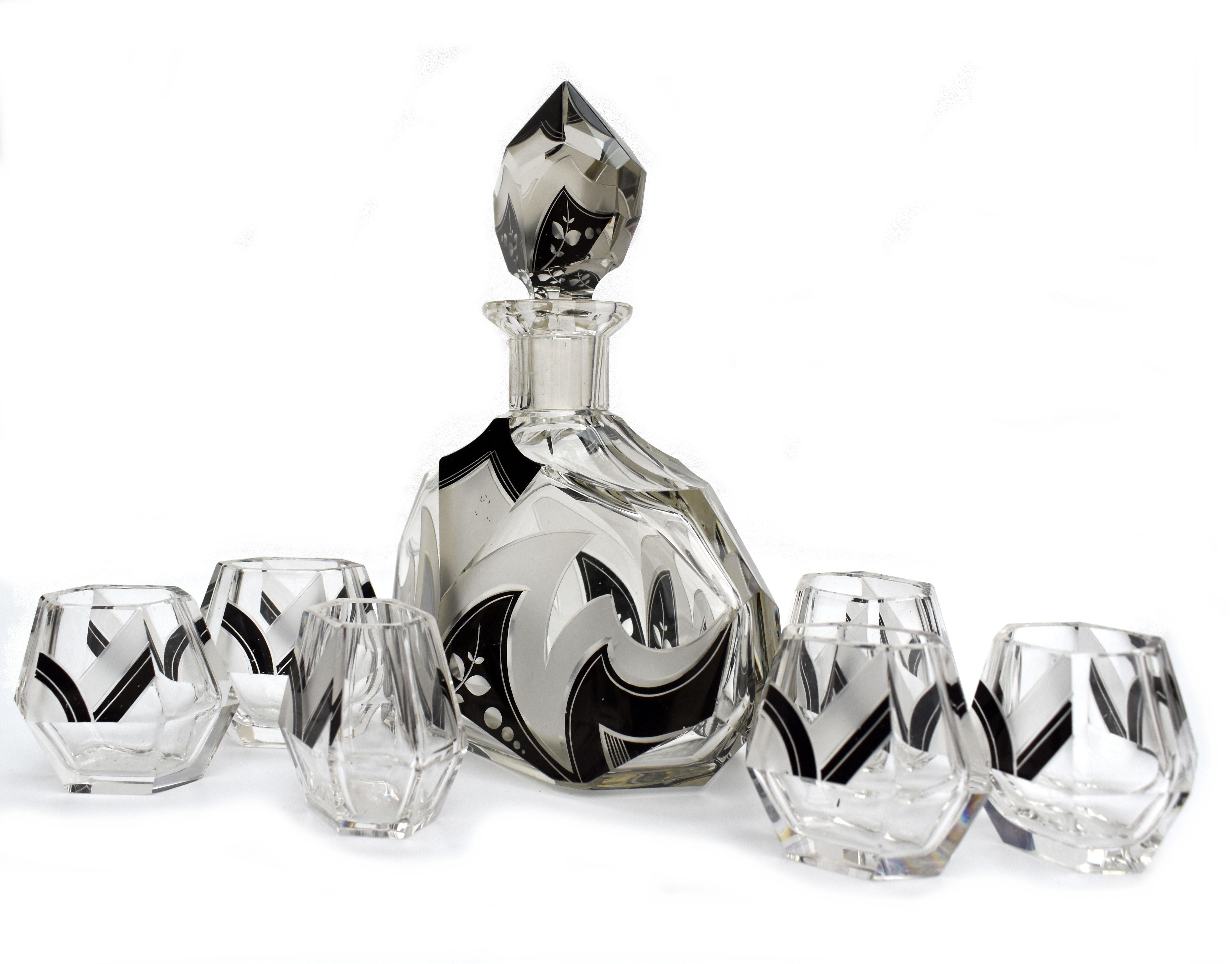 Cut Glass Art Deco Karl Palda Glass Decanter Set with 6 Matching Glasses, C1930 For Sale