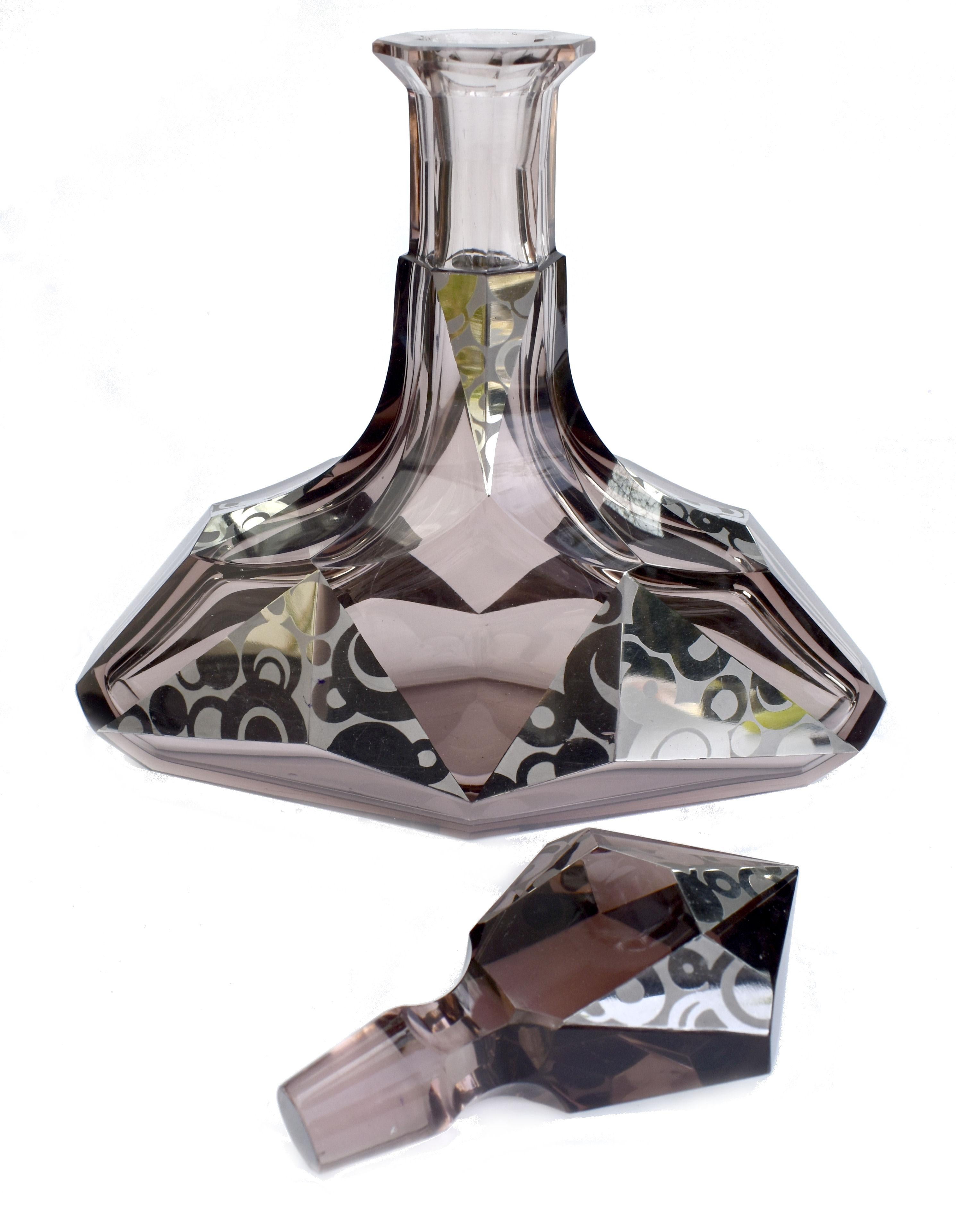 Cut Glass Art Deco Karl Palda Glass Decanter Set with 6 Matching Glasses, C1930
