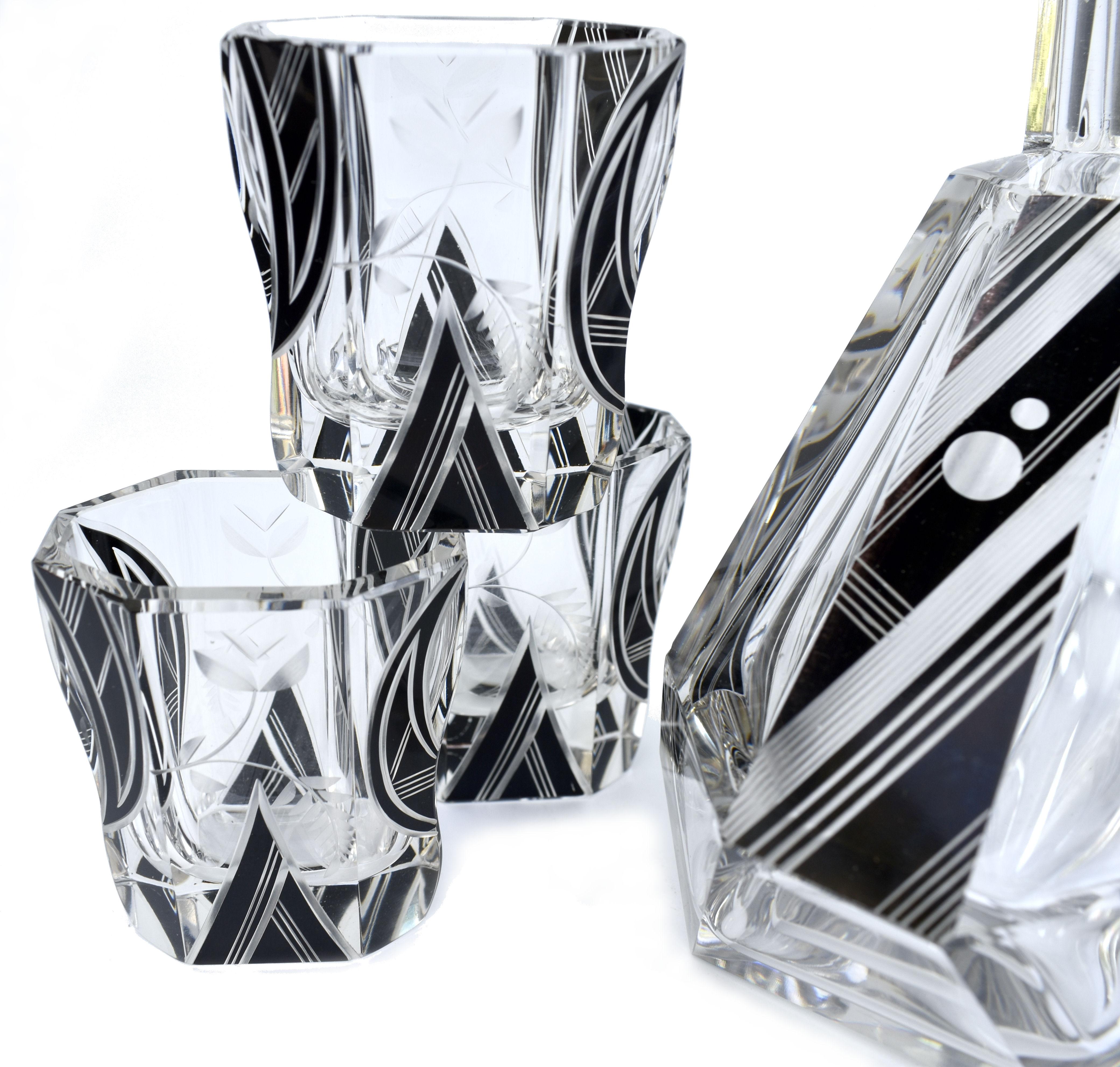 Enameled Art Deco Karl Palda Glass Decanter Set with 6 Matching Glasses, circa 1930