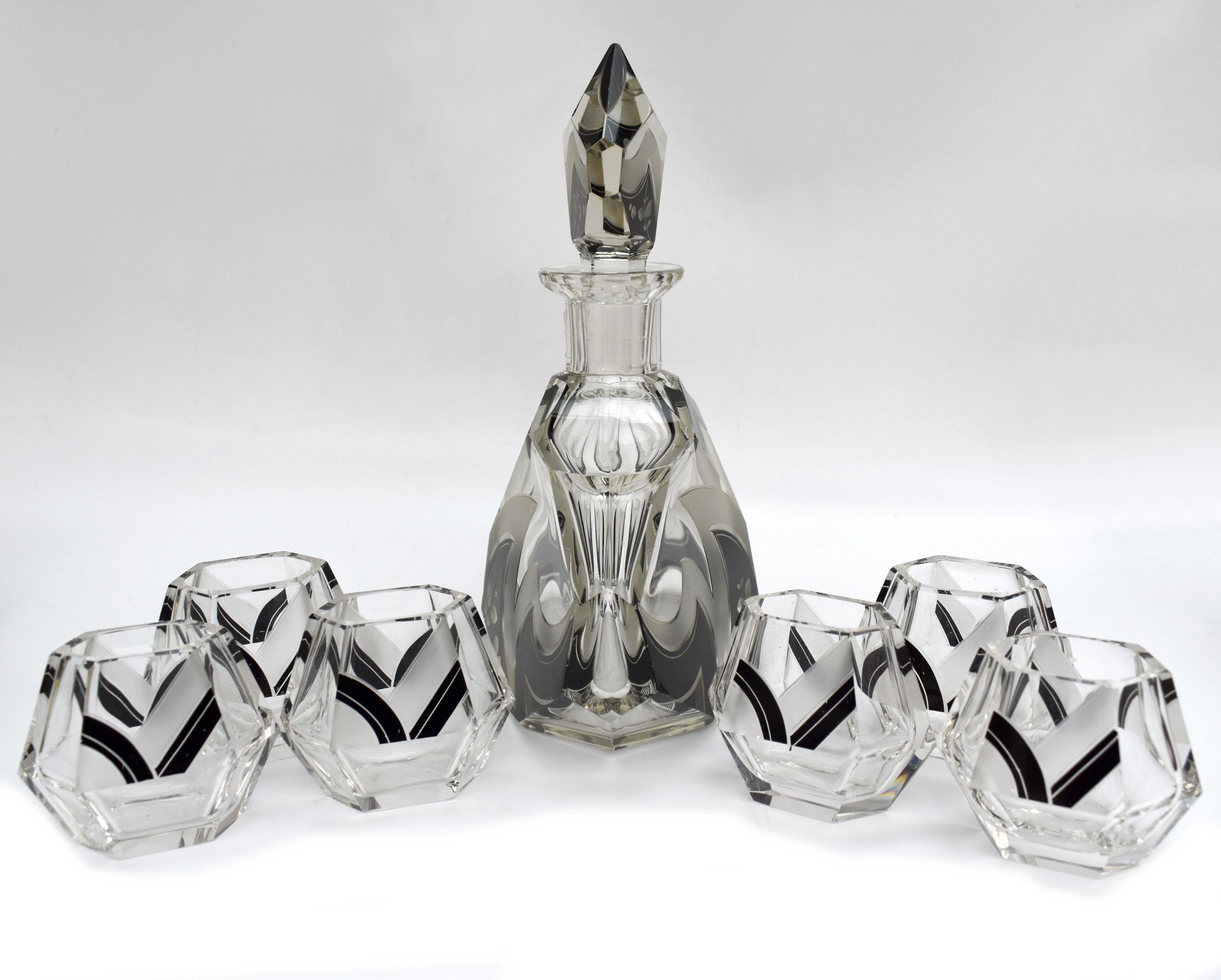 Art Deco Karl Palda Glass Decanter Set with 6 Matching Glasses, C1930 For Sale 1