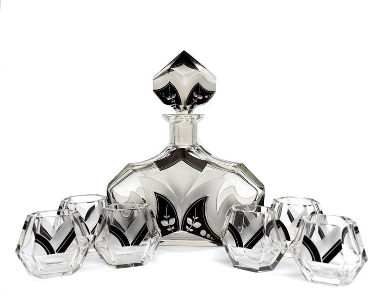 Art Deco Karl Palda Glass Decanter Set with 6 Matching Glasses, C1930