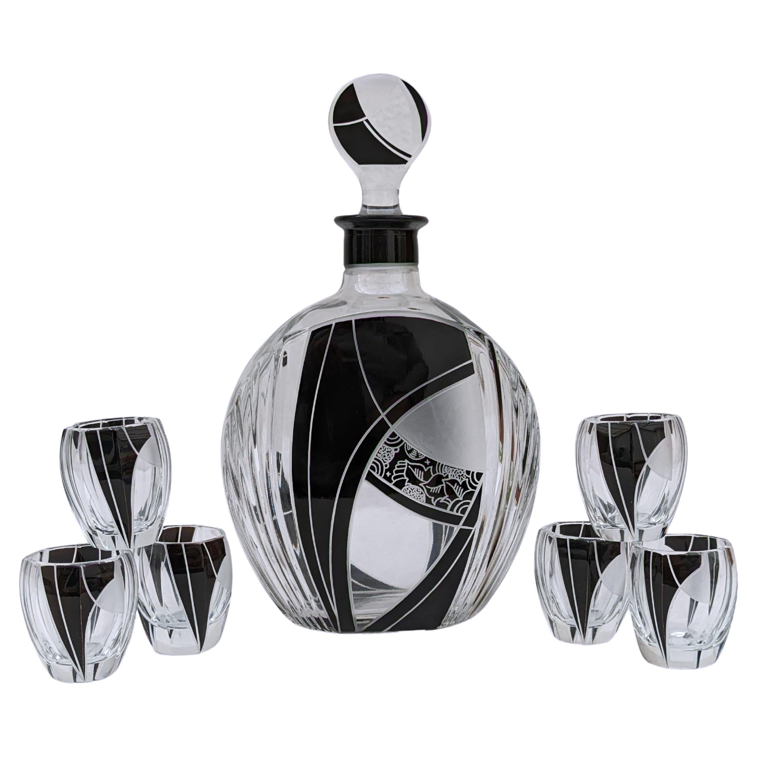Art Deco Karl Palda Glass Decanter Set with 6 Matching Glasses, circa 1930 In Good Condition For Sale In Devon, England
