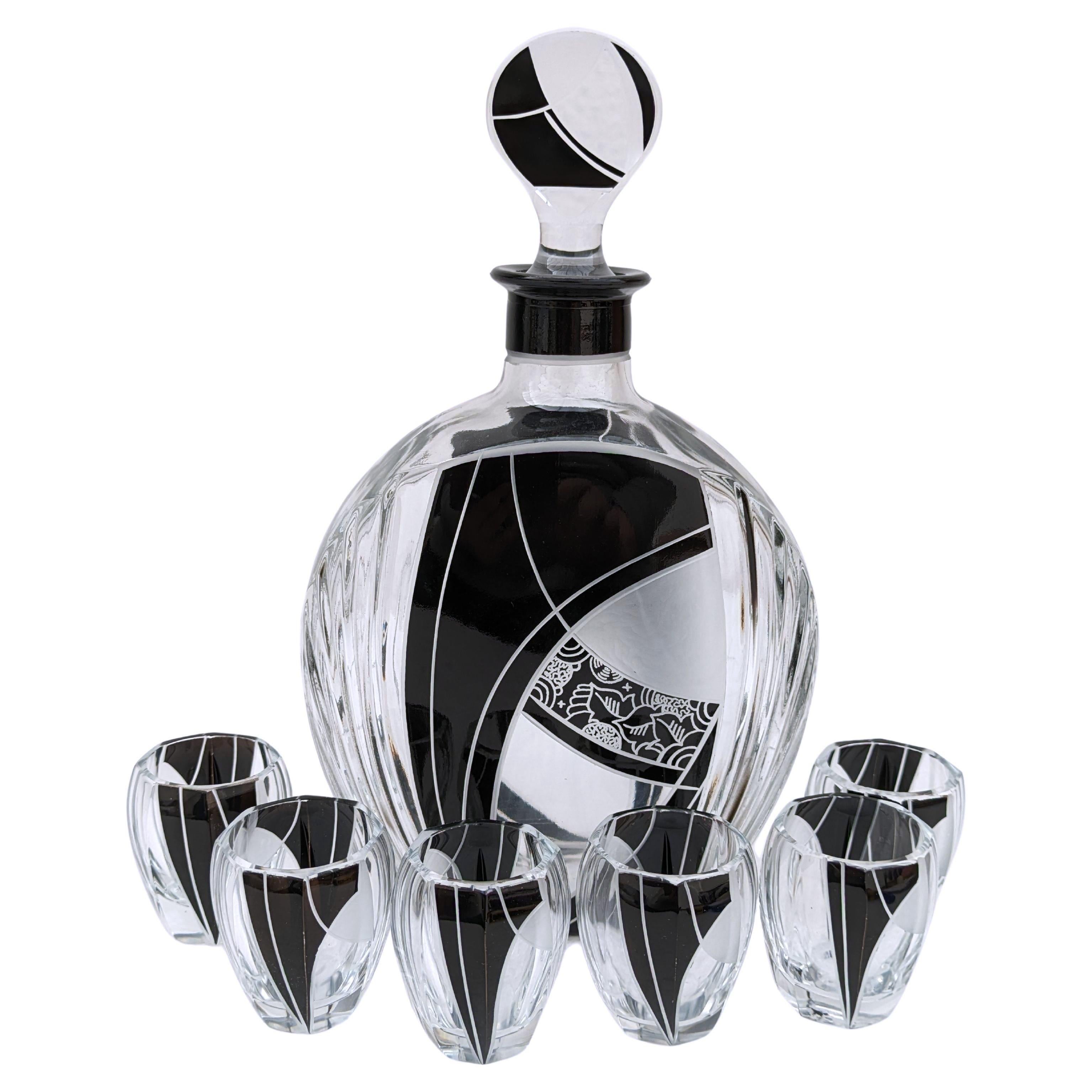 20th Century Art Deco Karl Palda Glass Decanter Set with 6 Matching Glasses, circa 1930 For Sale