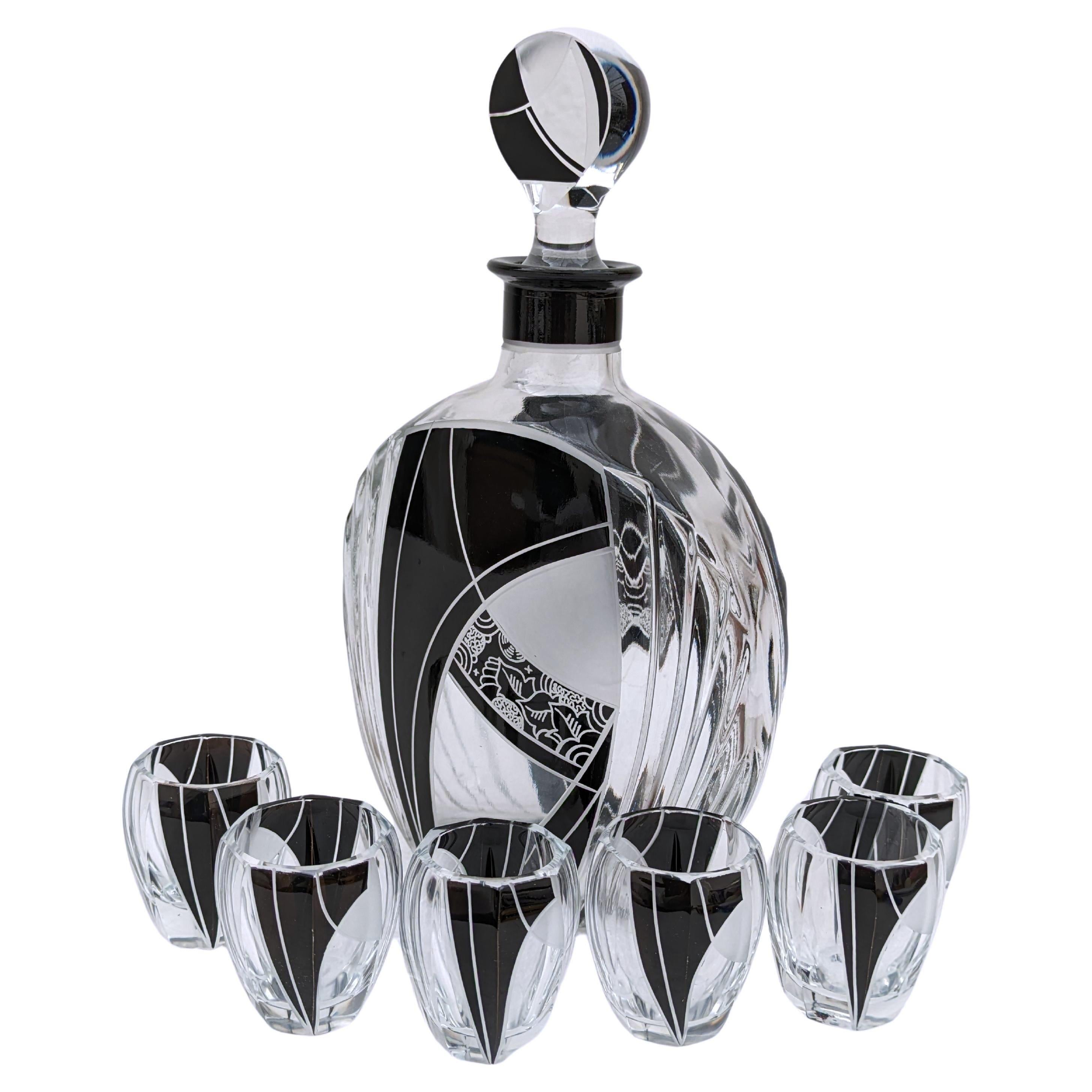 Cut Glass Art Deco Karl Palda Glass Decanter Set with 6 Matching Glasses, circa 1930 For Sale