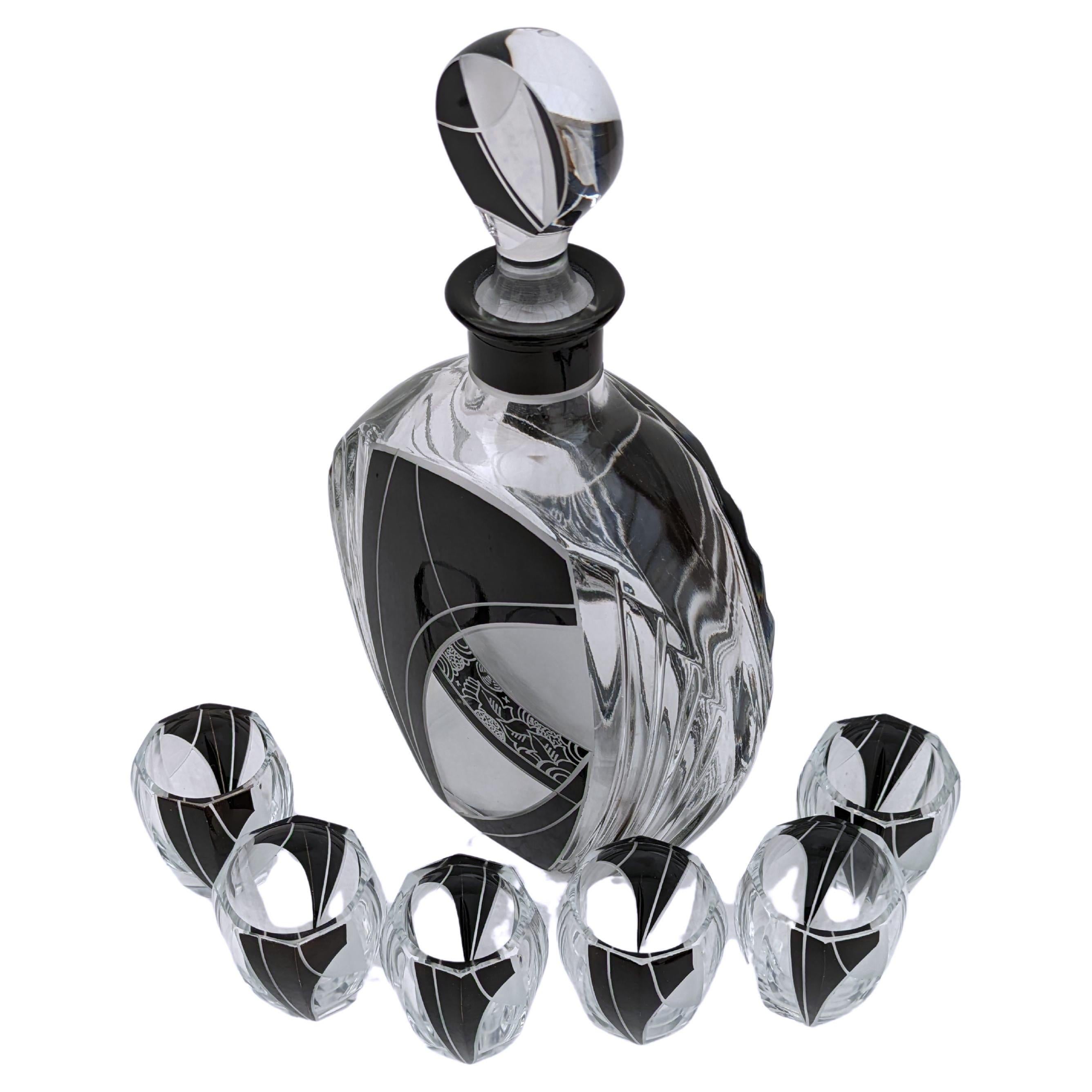 Art Deco Karl Palda Glass Decanter Set with 6 Matching Glasses, circa 1930 For Sale 1