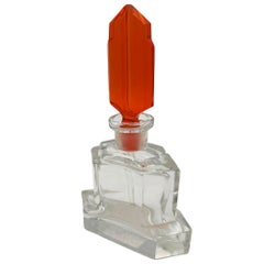 Bottiglia di profumo in cristallo geometrico in stile Art Deco Karl Palda con tappo rosso corallo