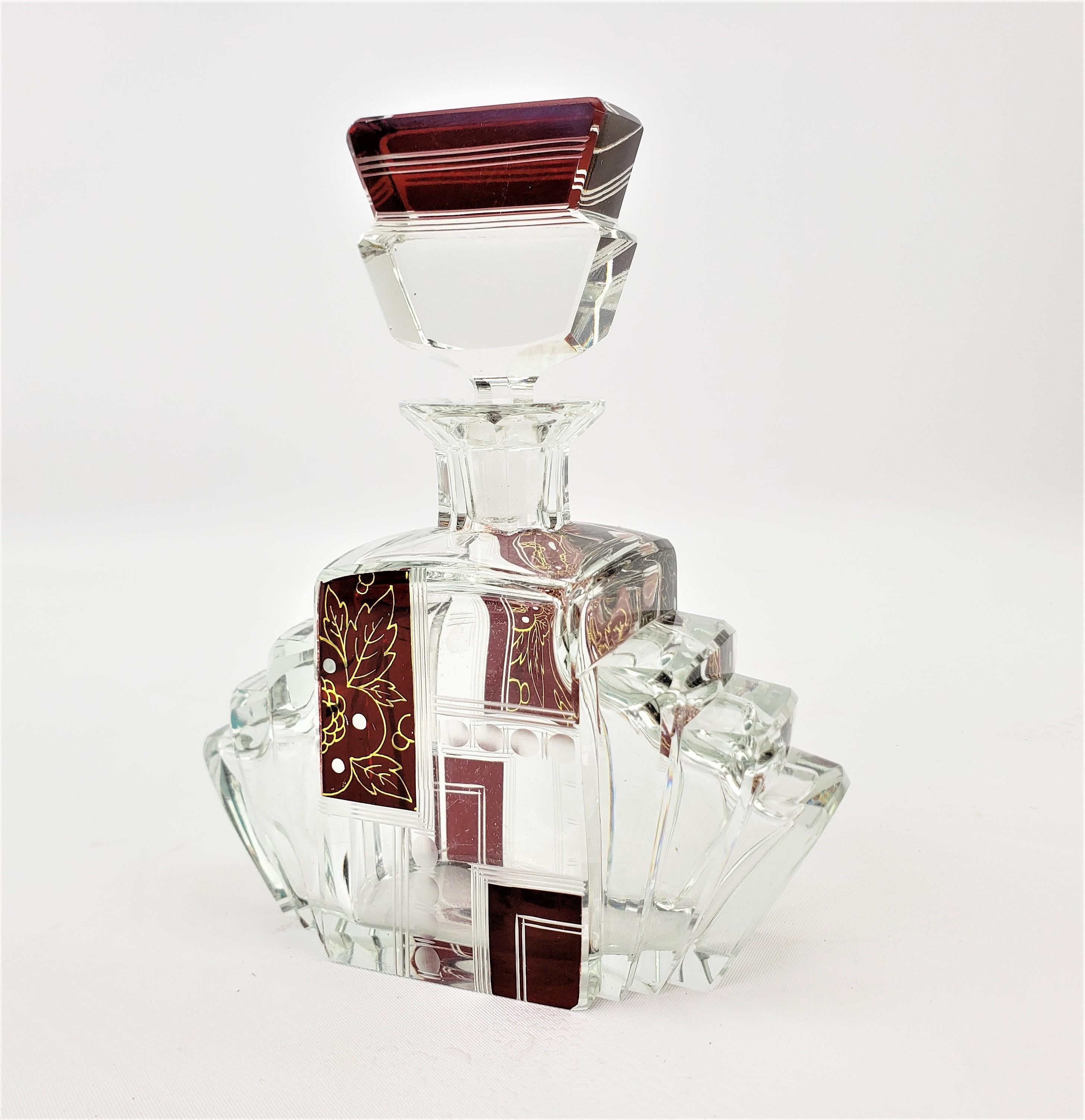 Glass Art Deco Karl Palda Styled Stepped Perfume Bottle with Ruby Red & Gold Panels