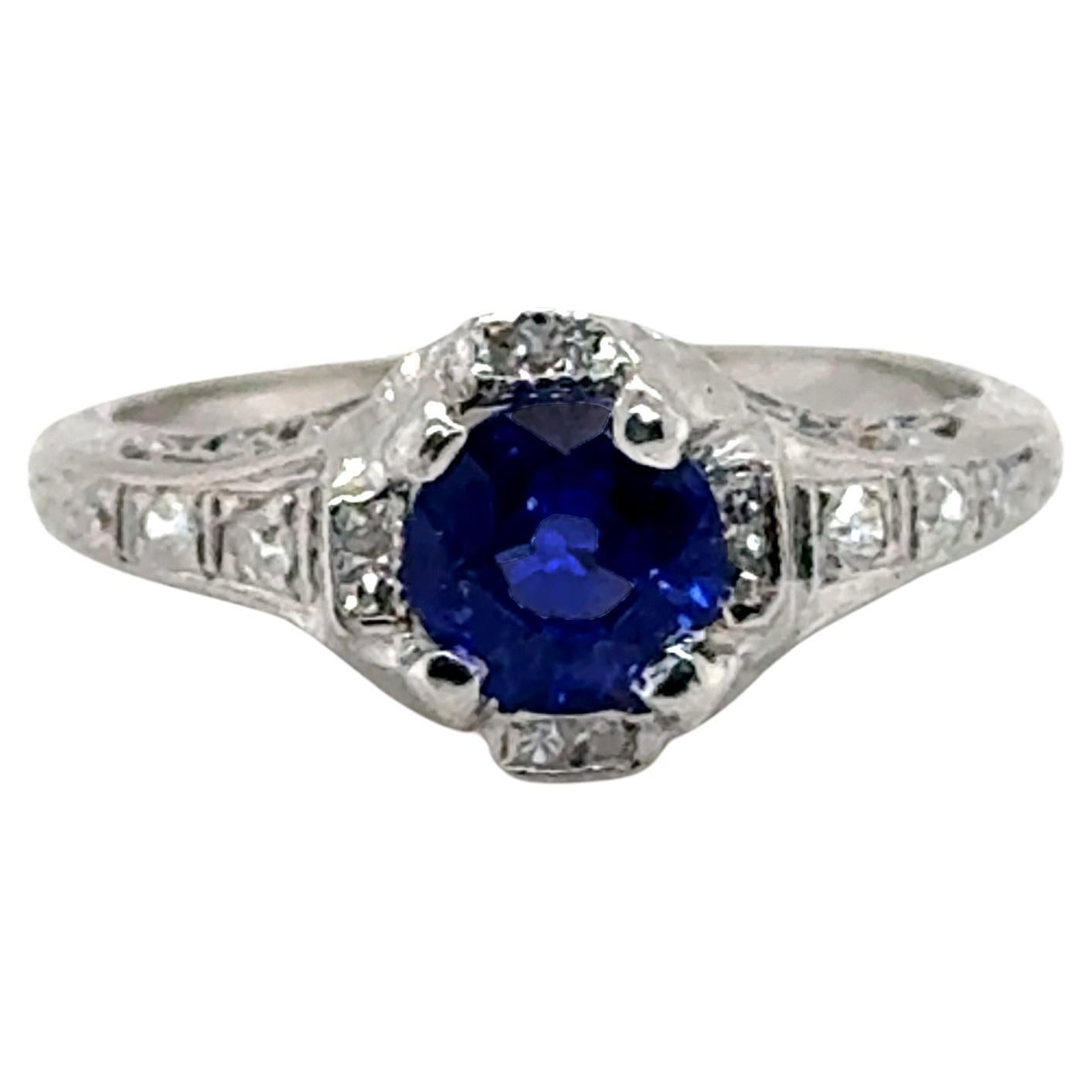 Art Deco Kashmir Sapphire Diamond Engagement Ring 1.30ct Original 1920-1930 Plat For Sale