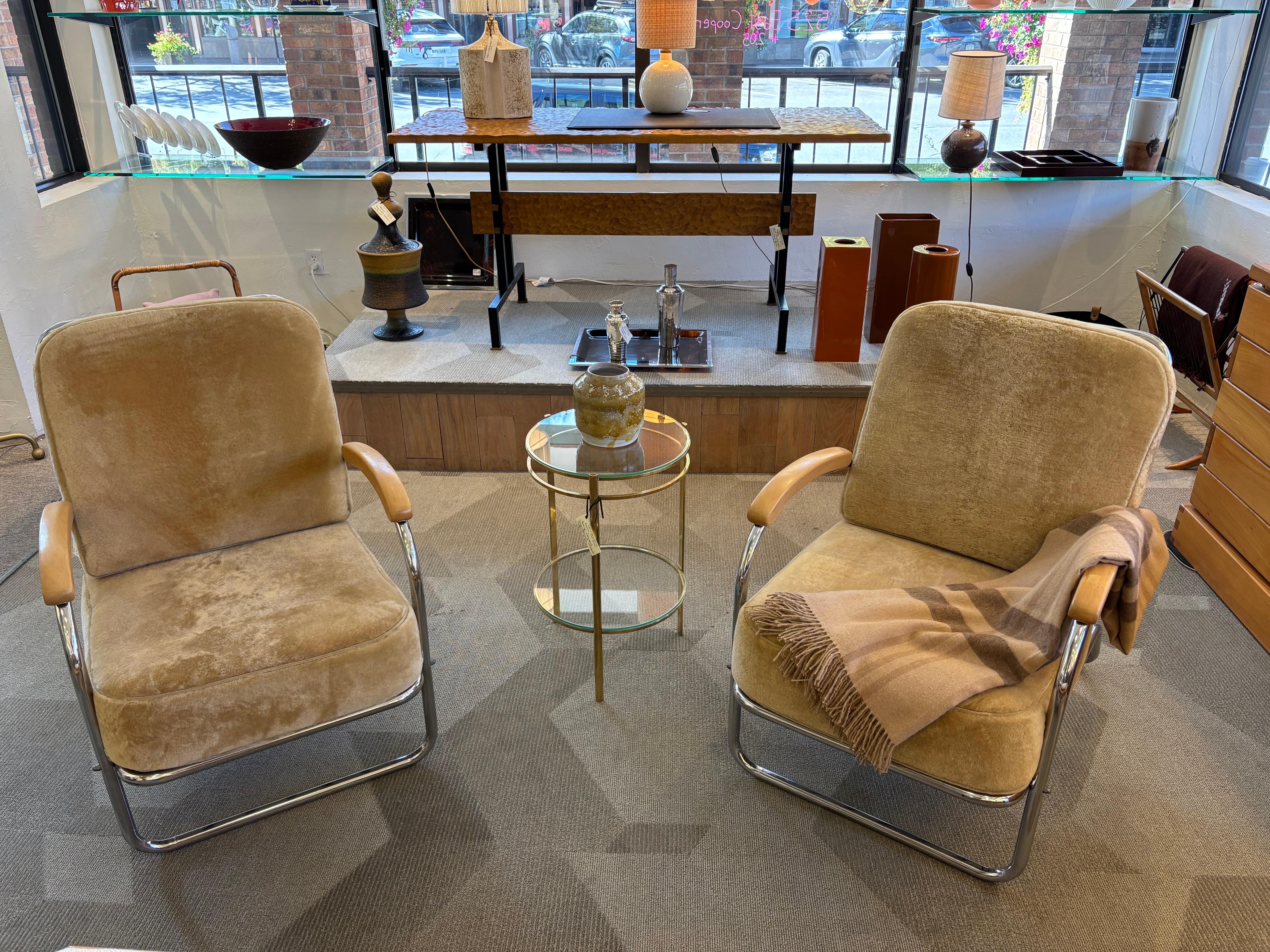Art Deco KEM Weber & Lloyd Sessel aus Chromrohr, Eiche und Shearling (amerikanisch) im Angebot