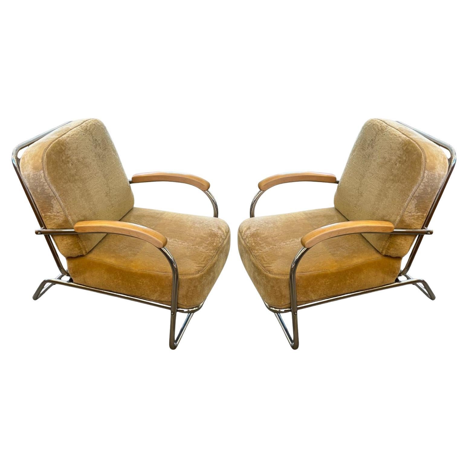 Art Deco KEM Weber & Lloyd Sessel aus Chromrohr, Eiche und Shearling