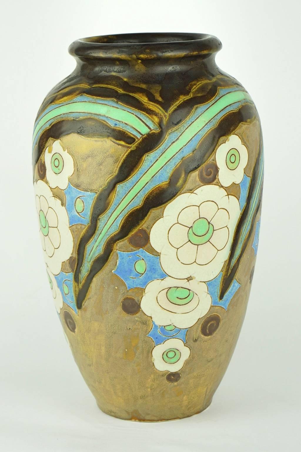 Belgian Art Deco Keramis Boch Abstract Flowers Vase For Sale