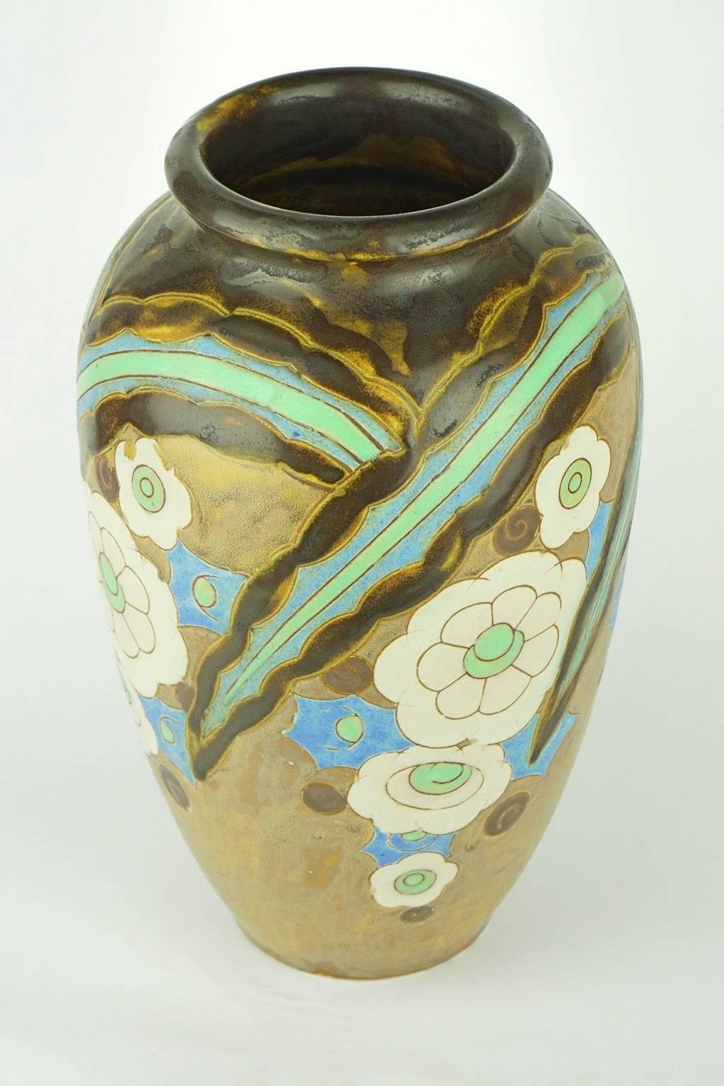 Early 20th Century Art Deco Keramis Boch Abstract Flowers Vase For Sale