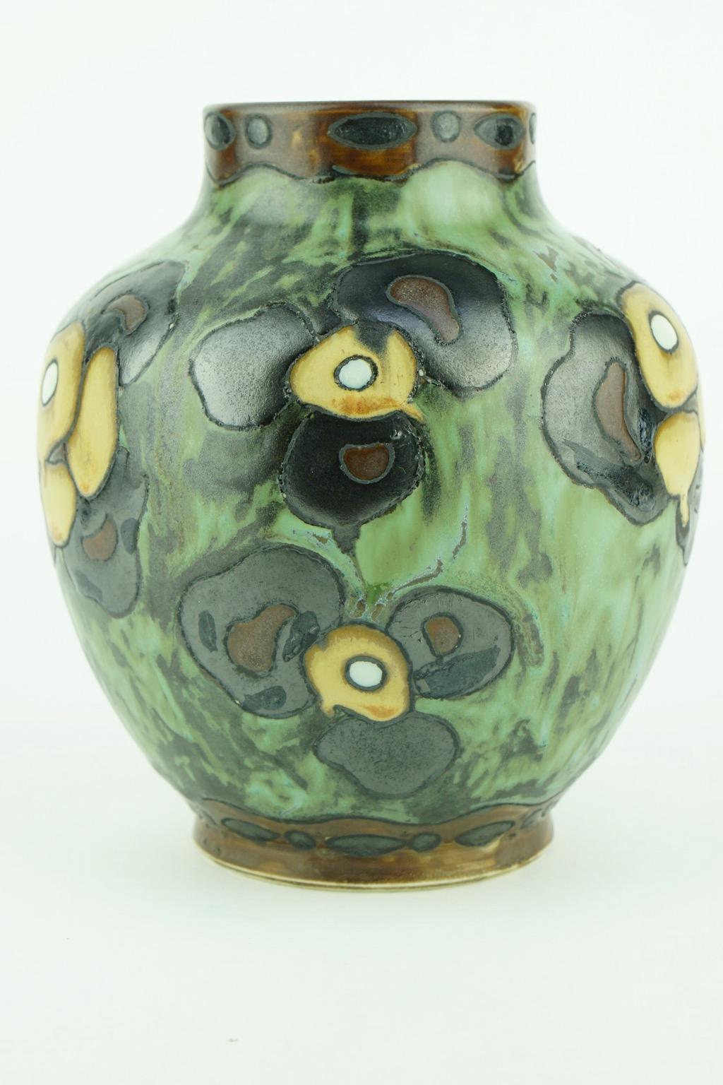 Belgian Art Deco Keramis Boch Dark Green Vase with Flower Motifs