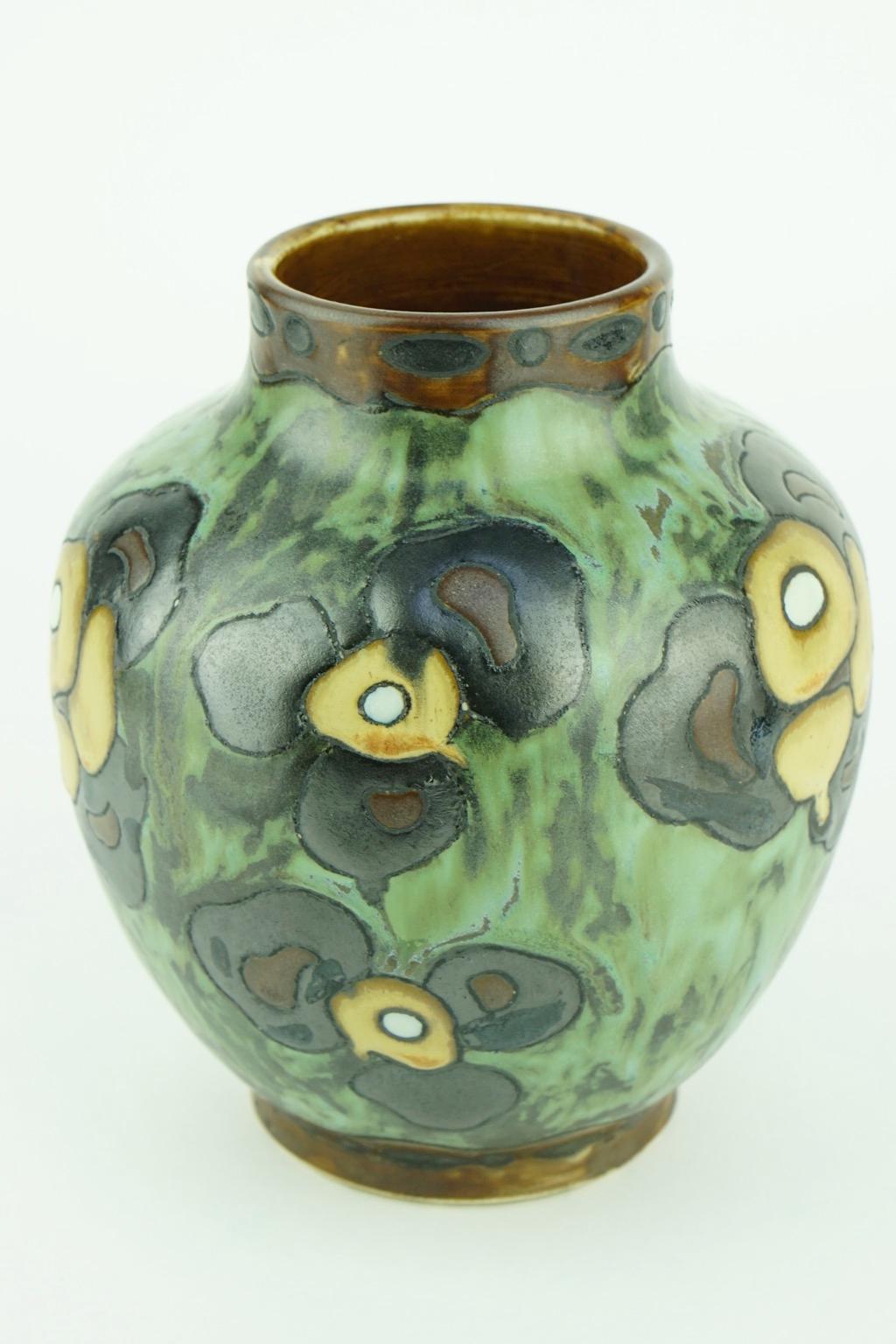 Early 20th Century Art Deco Keramis Boch Dark Green Vase with Flower Motifs