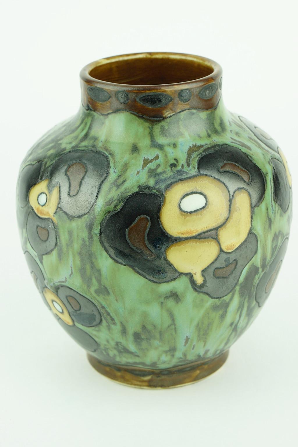 Stoneware Art Deco Keramis Boch Dark Green Vase with Flower Motifs