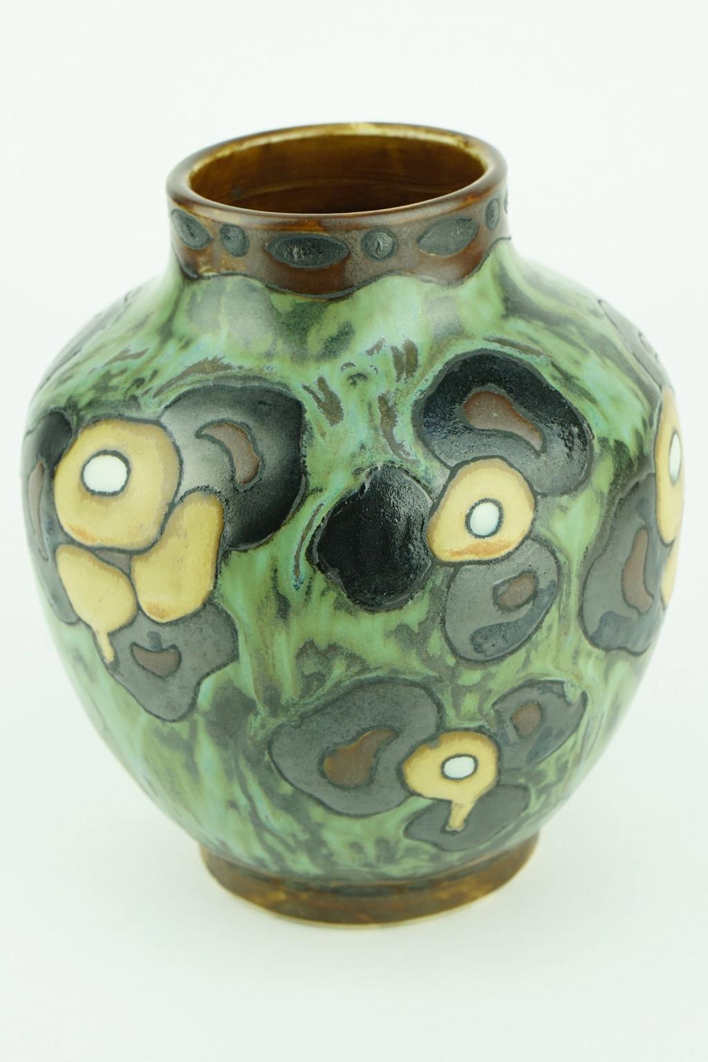 Art Deco Keramis Boch Dark Green Vase with Flower Motifs 1
