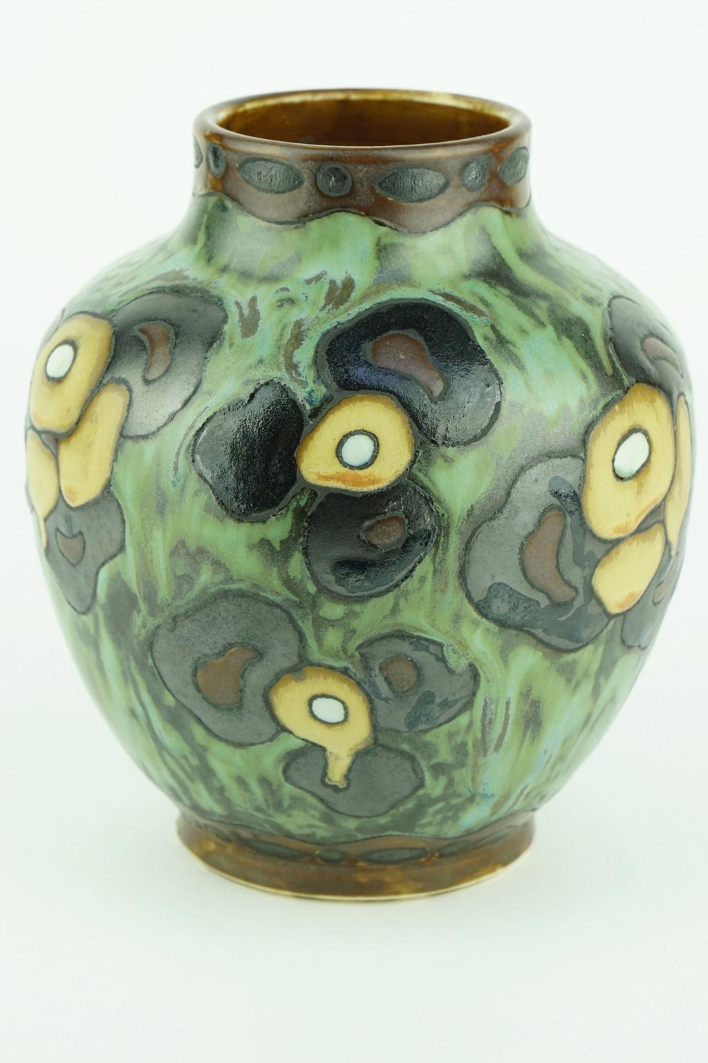 Art Deco Keramis Boch Dark Green Vase with Flower Motifs 3