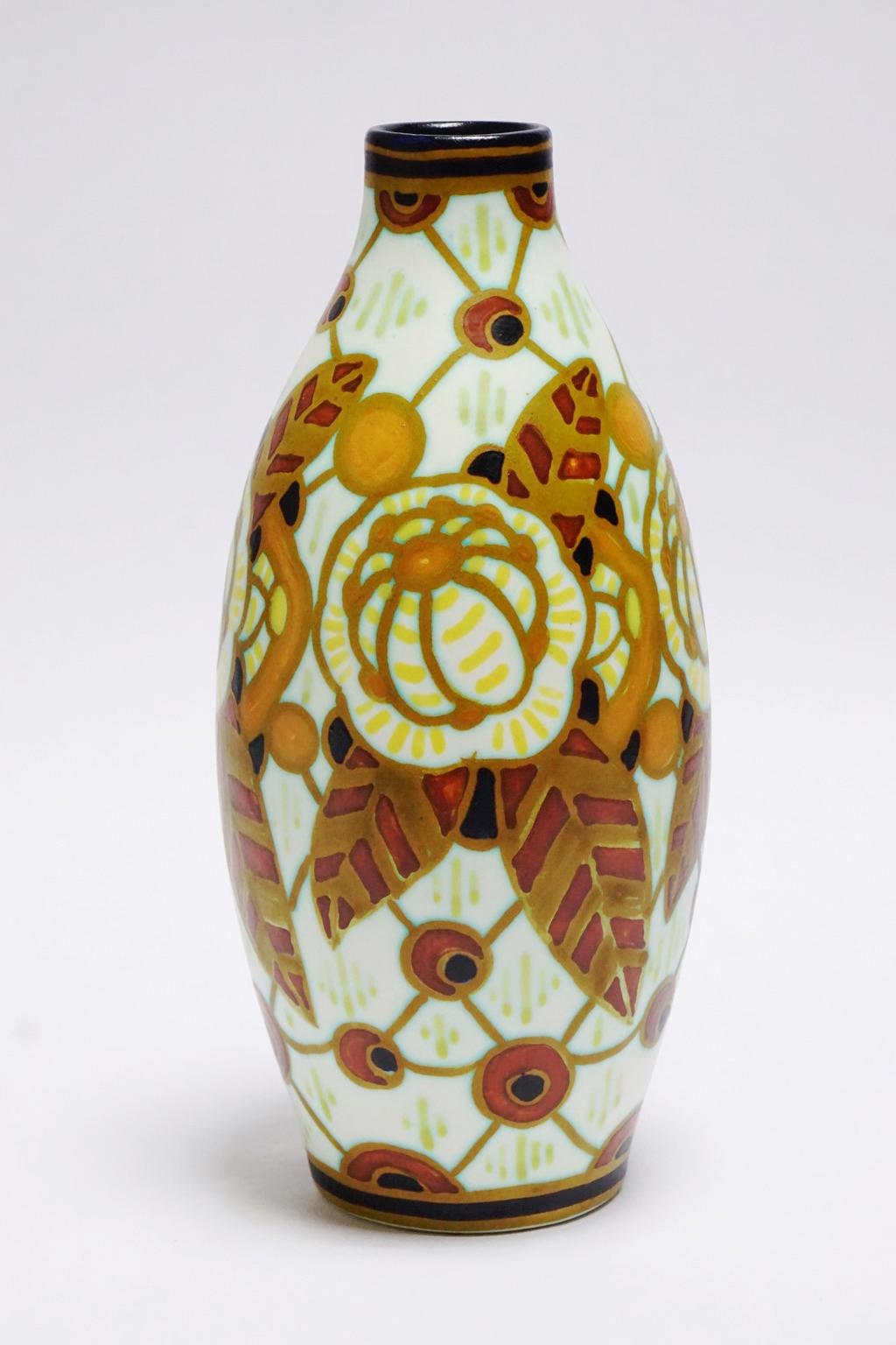 Art Deco Keramis Boch Matt Floral Peacock-Eyed Vase For Sale 7