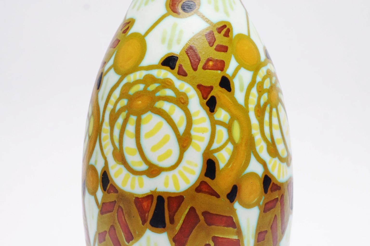 Belgian Art Deco Keramis Boch Matt Floral Peacock-Eyed Vase For Sale