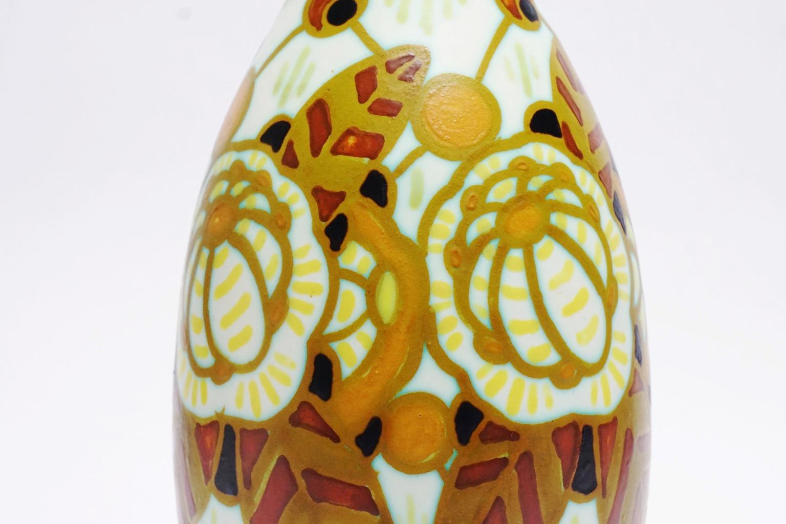 Enameled Art Deco Keramis Boch Matt Floral Peacock-Eyed Vase For Sale