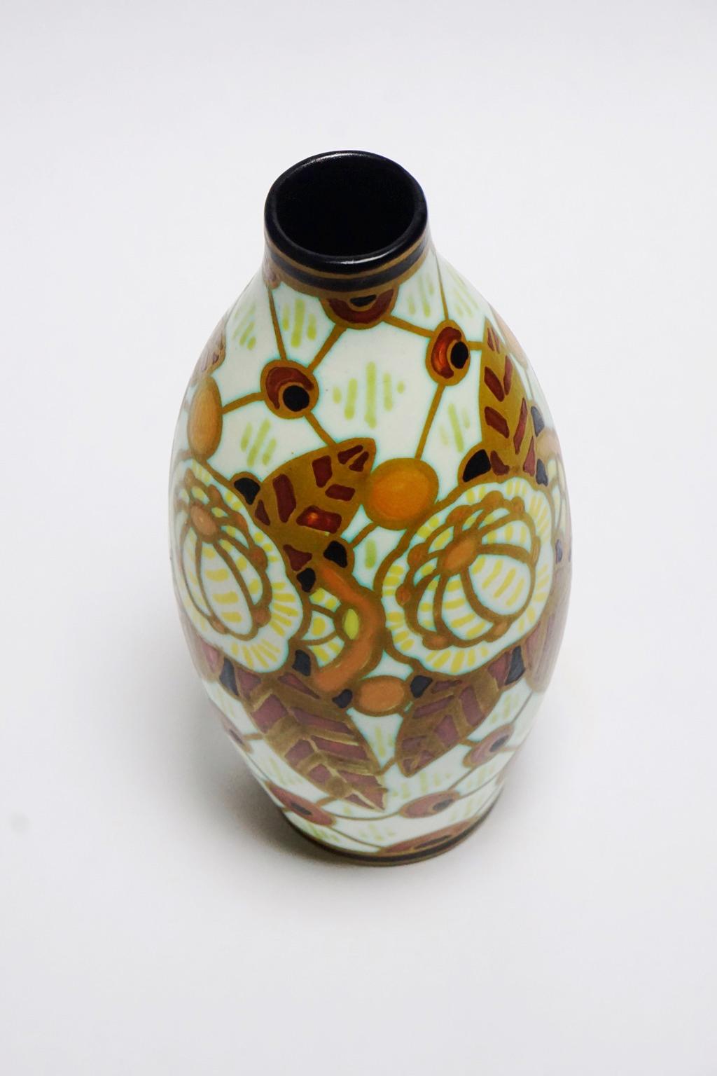 Early 20th Century Art Deco Keramis Boch Matt Floral Peacock-Eyed Vase For Sale